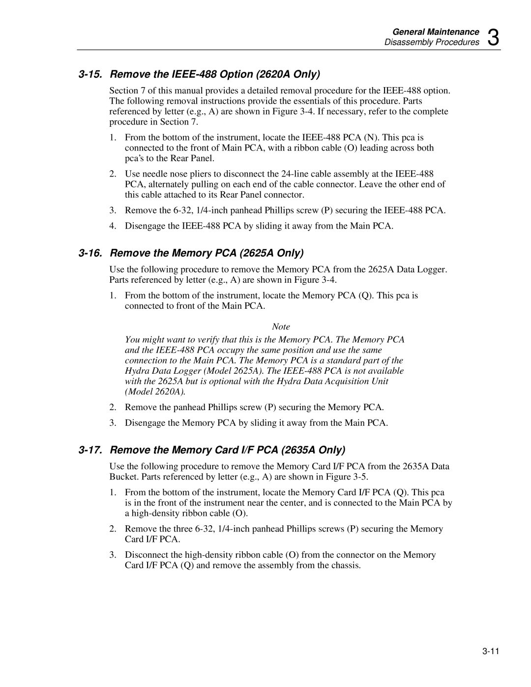 Fluke 2635A service manual Remove the IEEE-488 Option 2620A Only, Remove the Memory PCA 2625A Only 