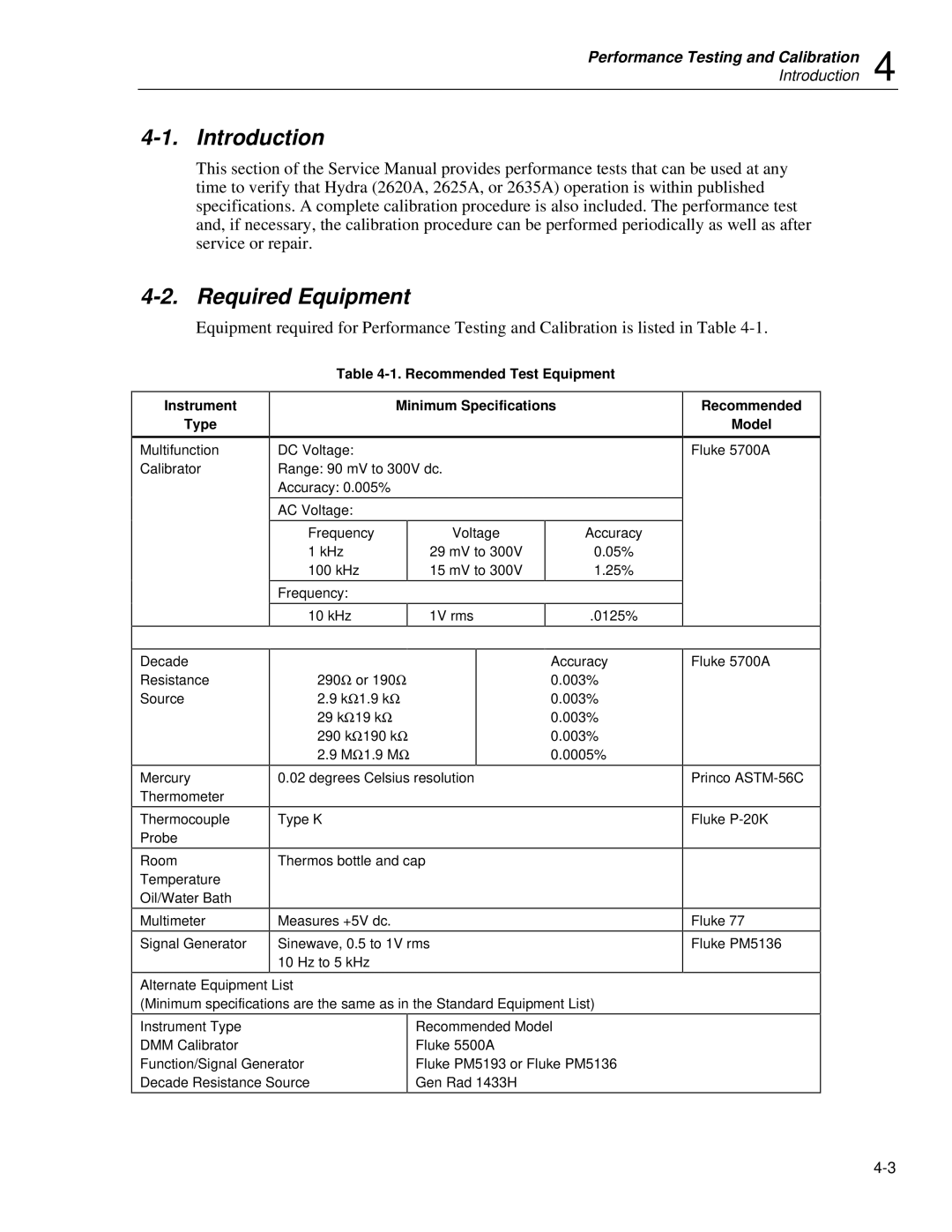 Fluke 2625A, 2635A Introduction Required Equipment, Instrument Type, Recommended Test Equipment Minimum Specifications 