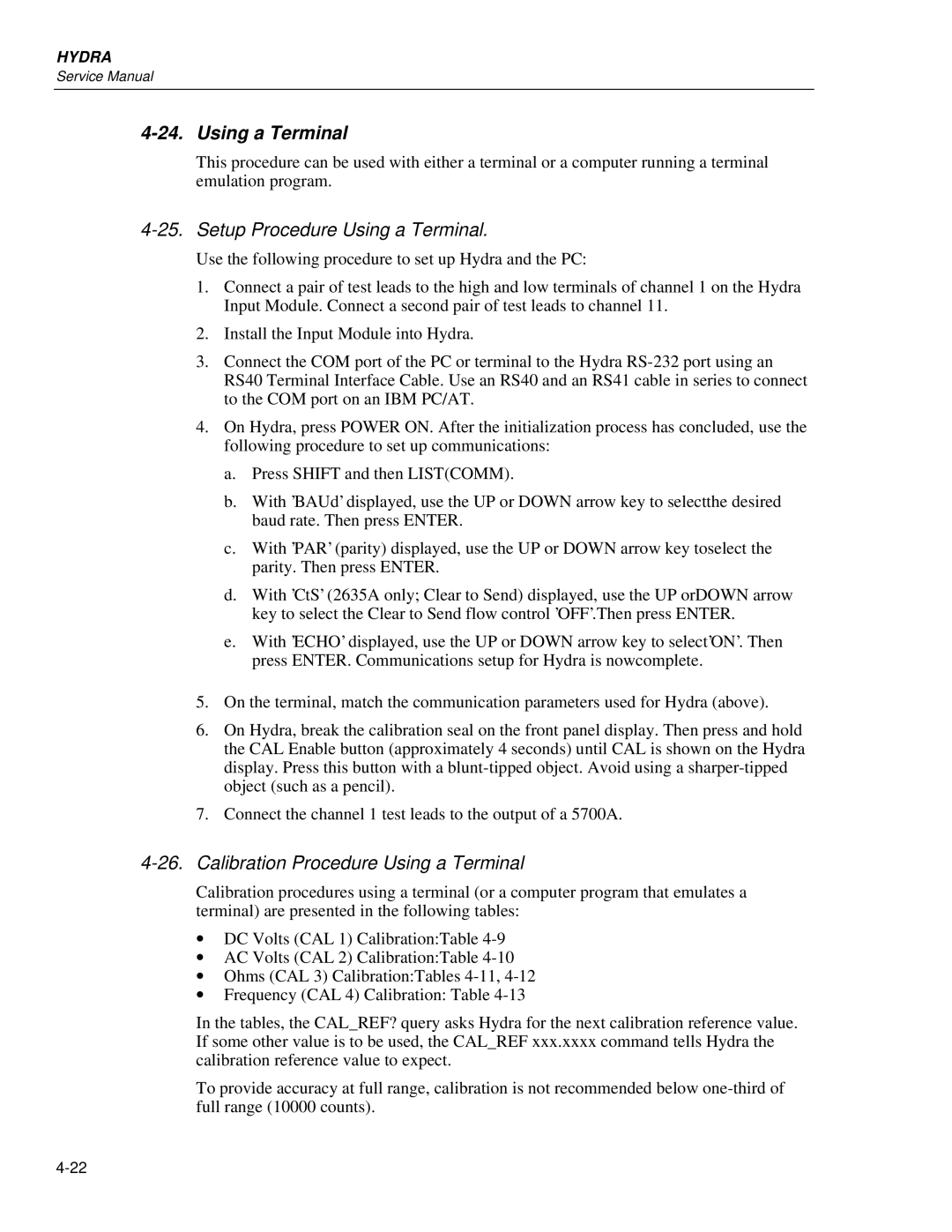 Fluke 2635A, 2625A service manual Setup Procedure Using a Terminal, Calibration Procedure Using a Terminal 