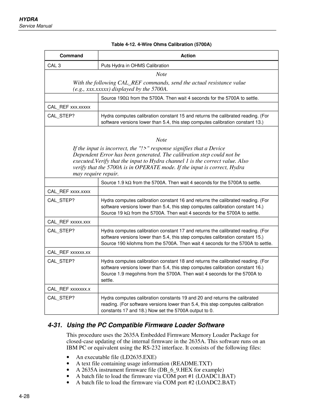 Fluke 2635A, 2625A service manual Using the PC Compatible Firmware Loader Software, Wire Ohms Calibration 5700A Command 