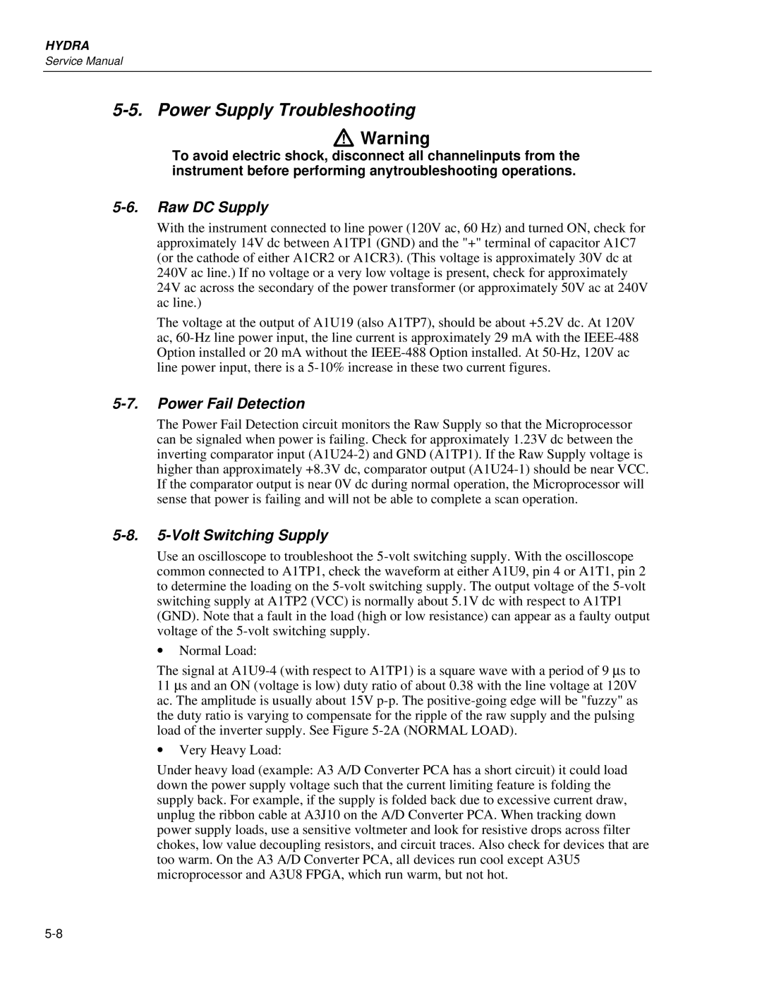 Fluke 2635A, 2625A service manual Power Supply Troubleshooting, Raw DC Supply, Power Fail Detection, Volt Switching Supply 