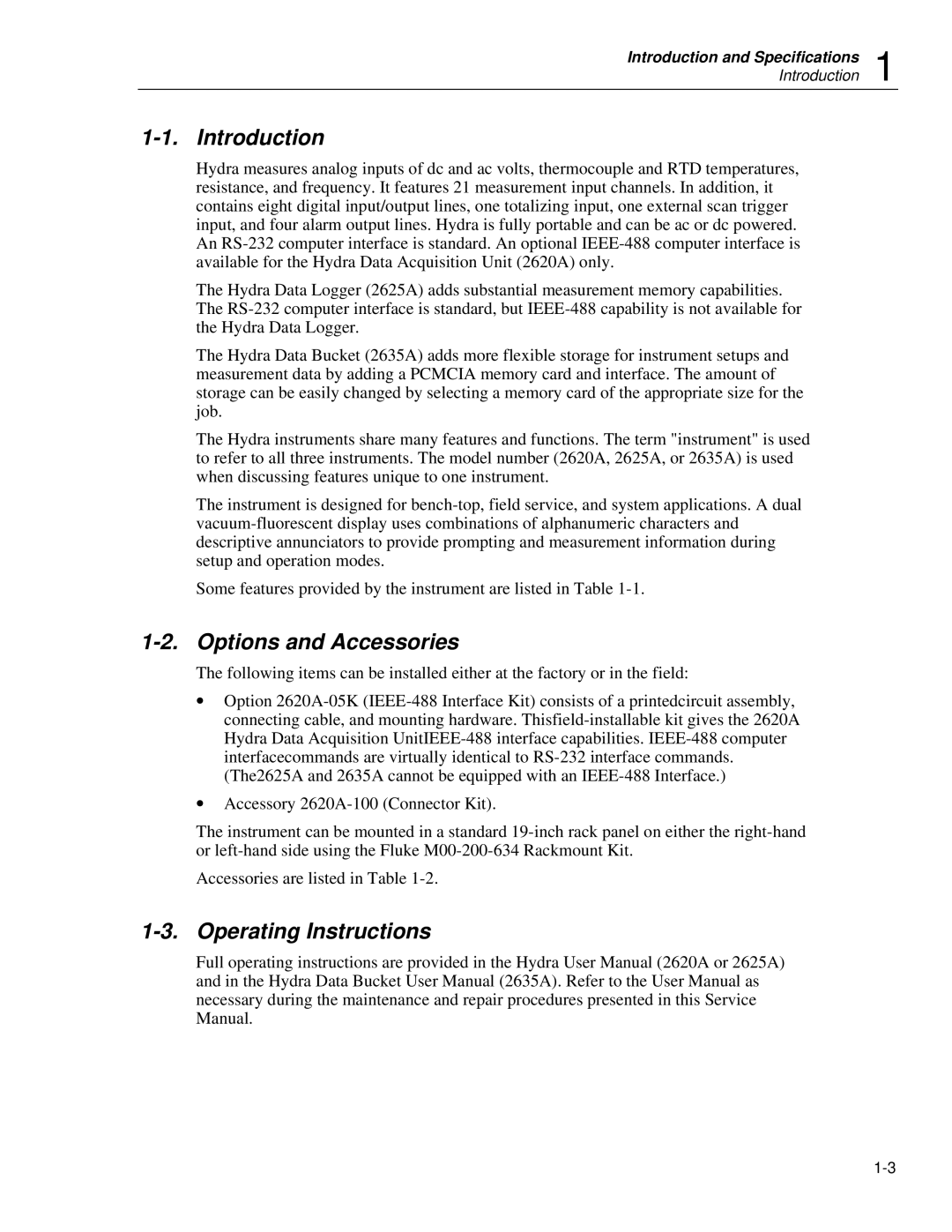 Fluke 2625A, 2635A service manual Introduction, Options and Accessories, Operating Instructions 