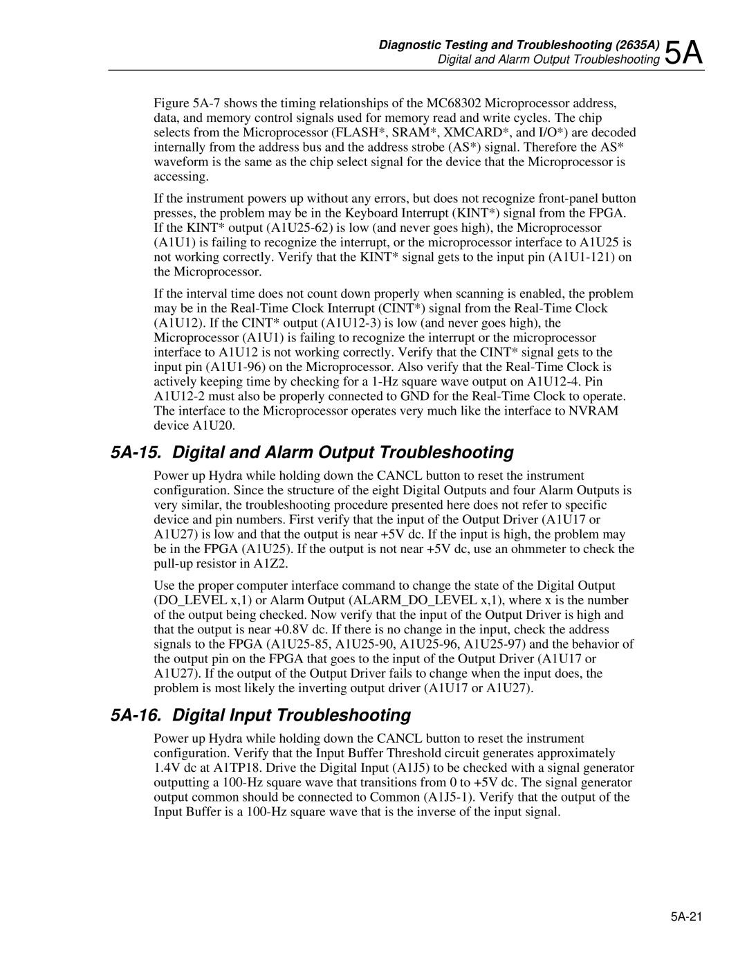 Fluke 2625A, 2635A service manual 5A-15. Digital and Alarm Output Troubleshooting, 5A-16. Digital Input Troubleshooting 