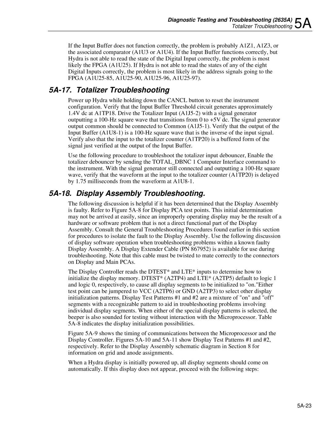 Fluke 2625A, 2635A service manual 5A-17. Totalizer Troubleshooting, 5A-18. Display Assembly Troubleshooting 