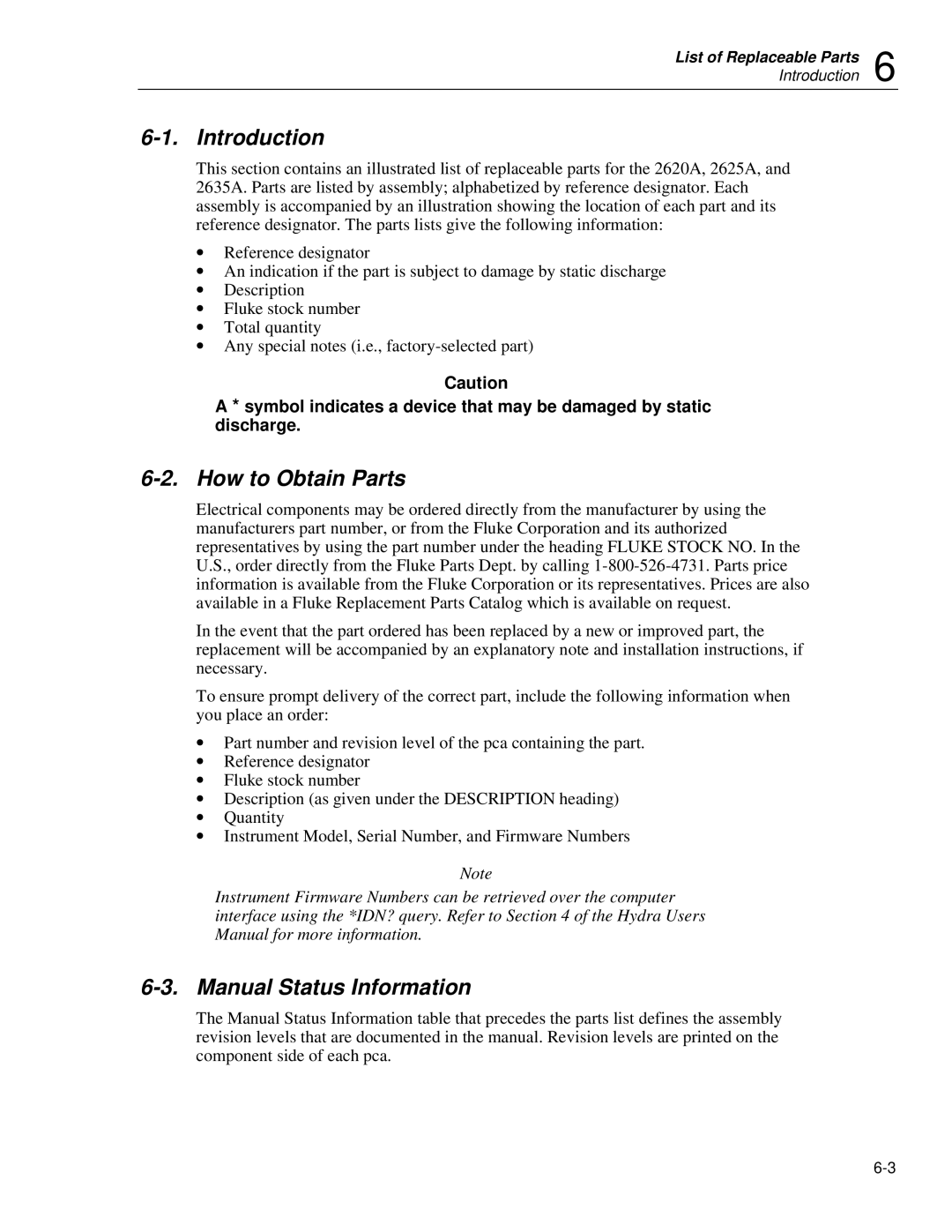 Fluke 2625A, 2635A service manual How to Obtain Parts, Manual Status Information 