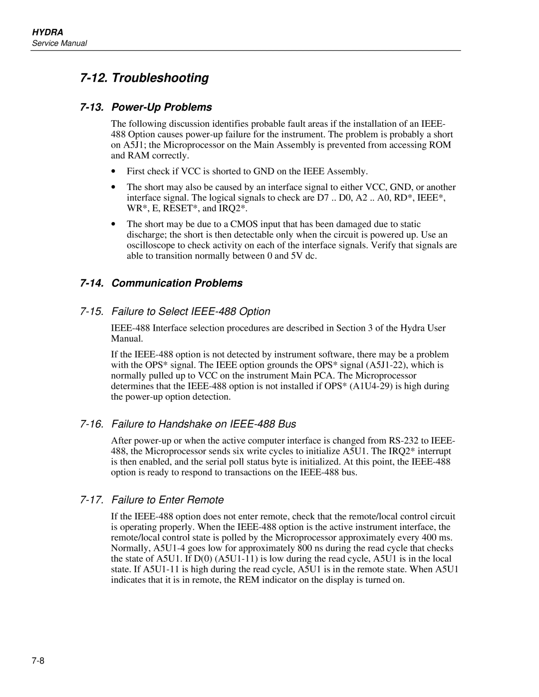 Fluke 2635A, 2625A Troubleshooting, Communication Problems, Failure to Select IEEE-488 Option, Failure to Enter Remote 