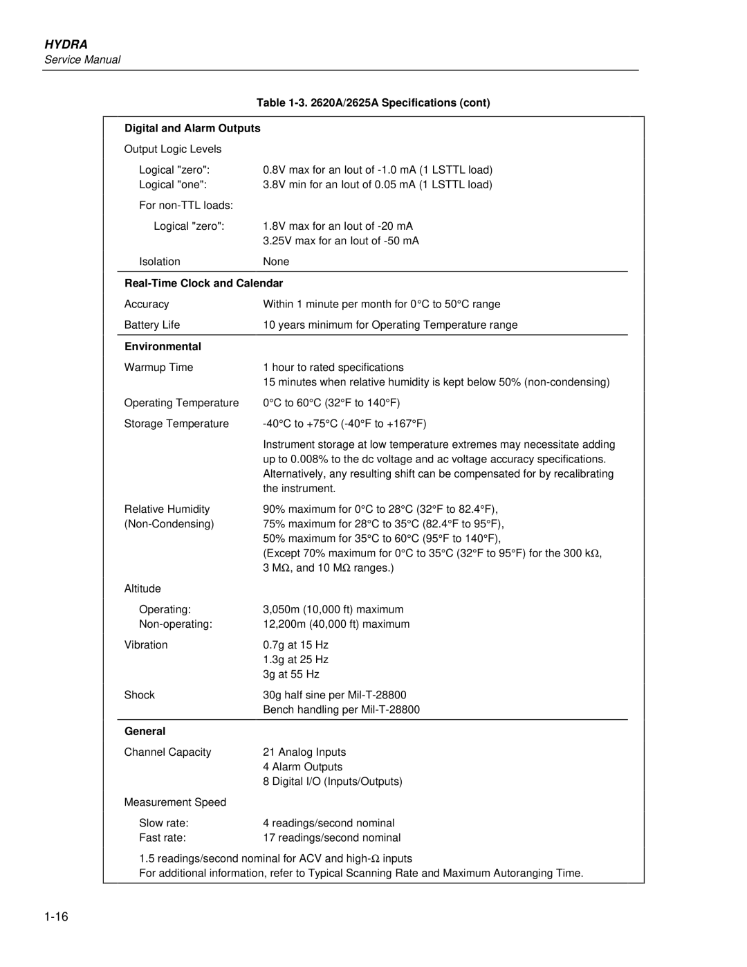 Fluke 2635A A/2625A Specifications Digital and Alarm Outputs, Real-Time Clock and Calendar, Environmental, General 