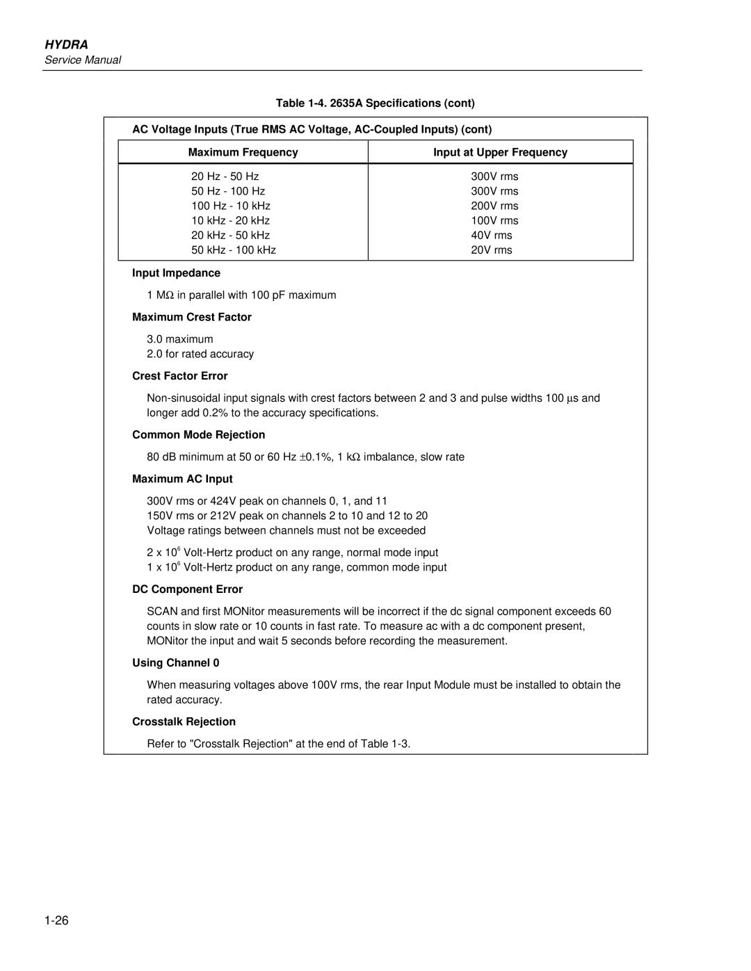 Fluke 2635A, 2625A service manual Maximum Crest Factor 