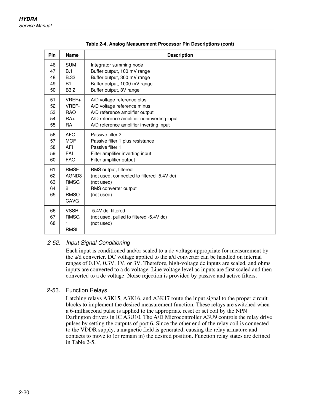 Fluke 2635A, 2625A service manual Function Relays, Analog Measurement Processor Pin Descriptions Name 