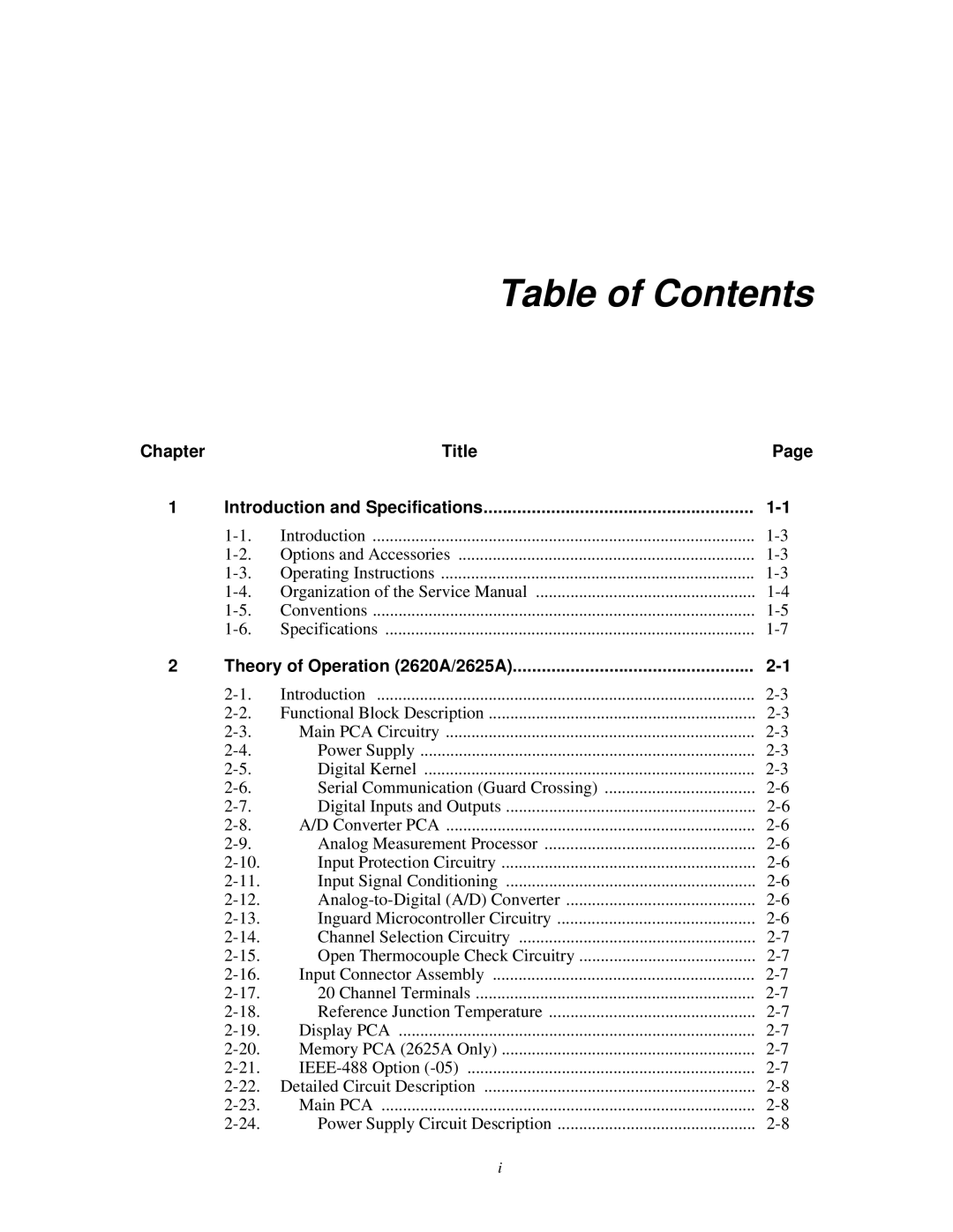 Fluke 2625A, 2635A service manual Table of Contents 