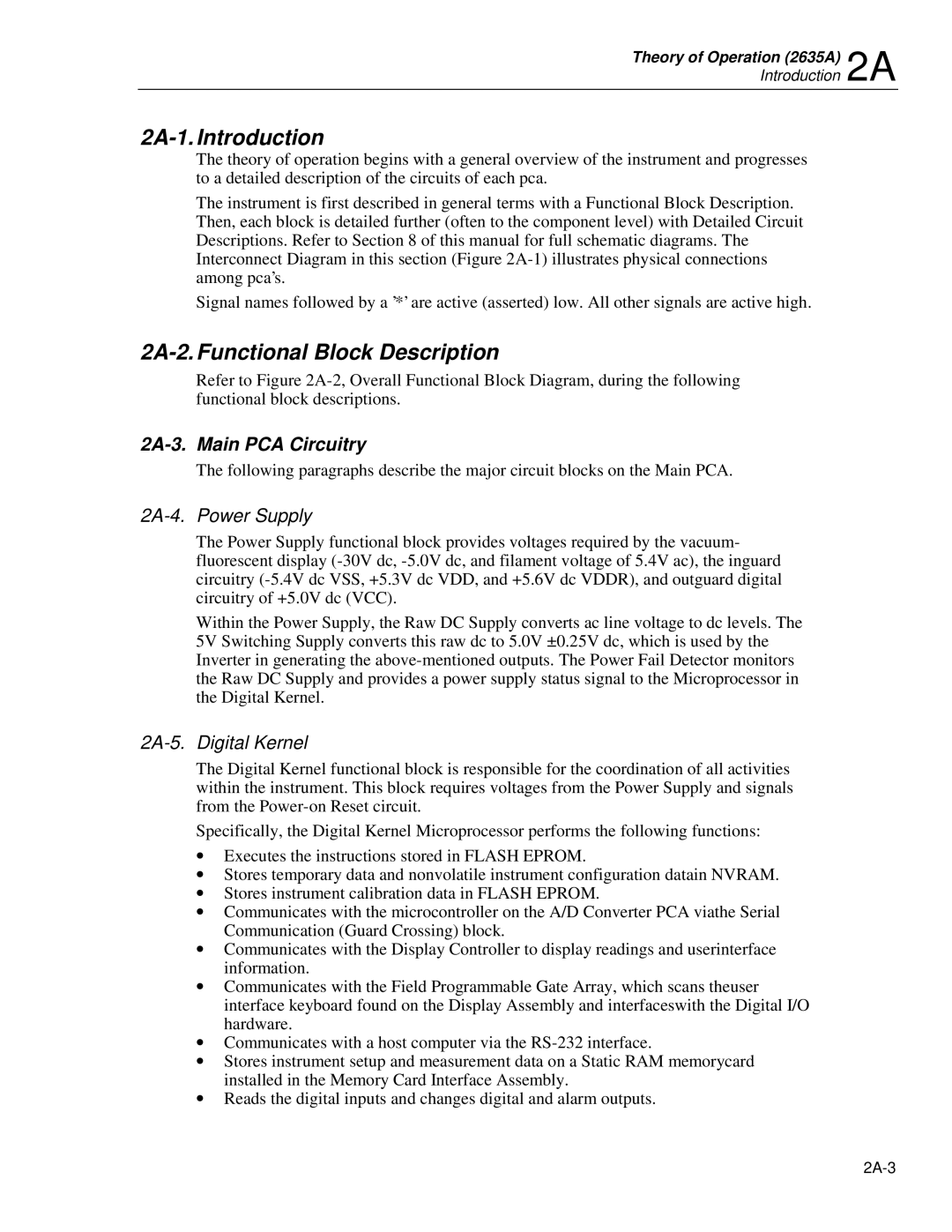 Fluke 2625A, 2635A 2A-1. Introduction, 2A-2. Functional Block Description, 2A-3. Main PCA Circuitry, 2A-4. Power Supply 