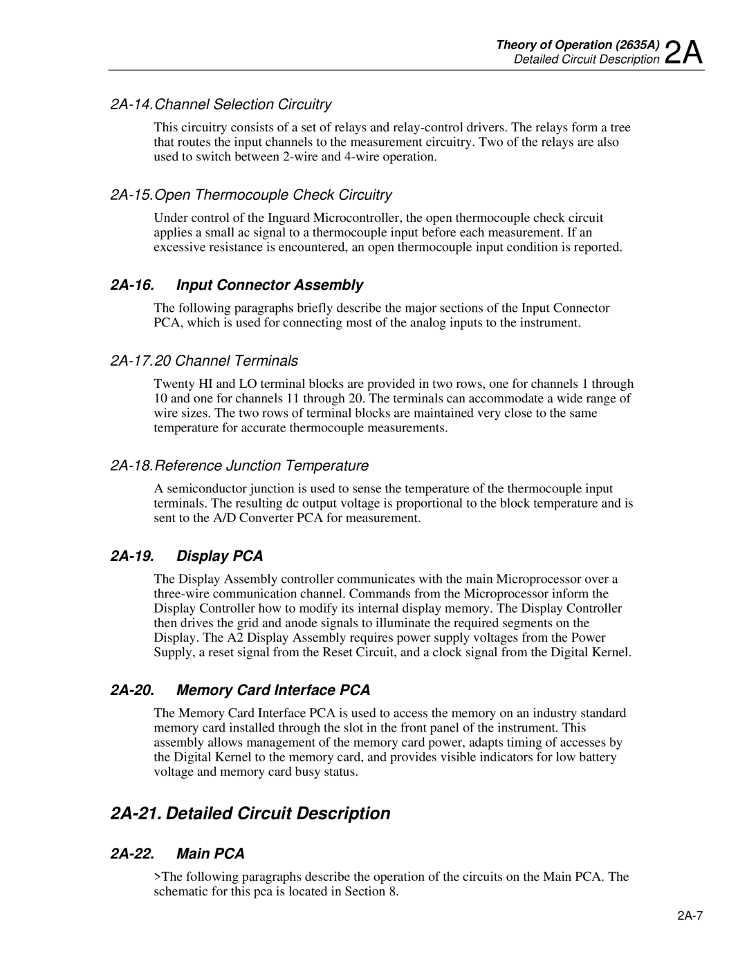 Fluke 2625A 2A-21. Detailed Circuit Description, 2A-16. Input Connector Assembly, 2A-19. Display PCA, 2A-22. Main PCA 