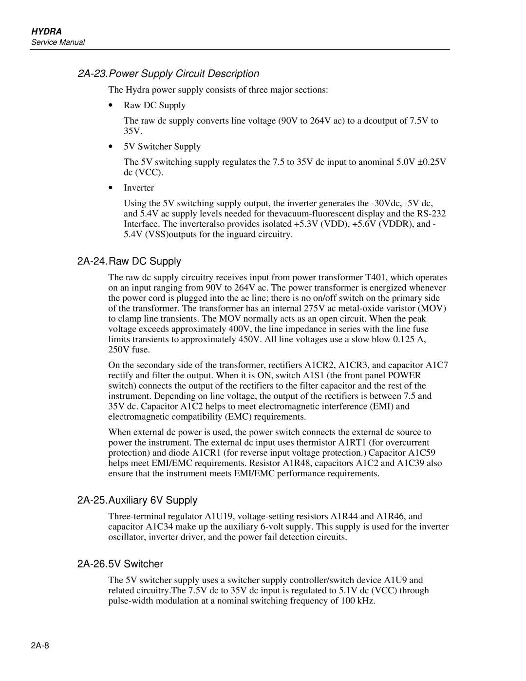 Fluke 2635A, 2625A service manual 2A-23.Power Supply Circuit Description, 2A-24.Raw DC Supply 