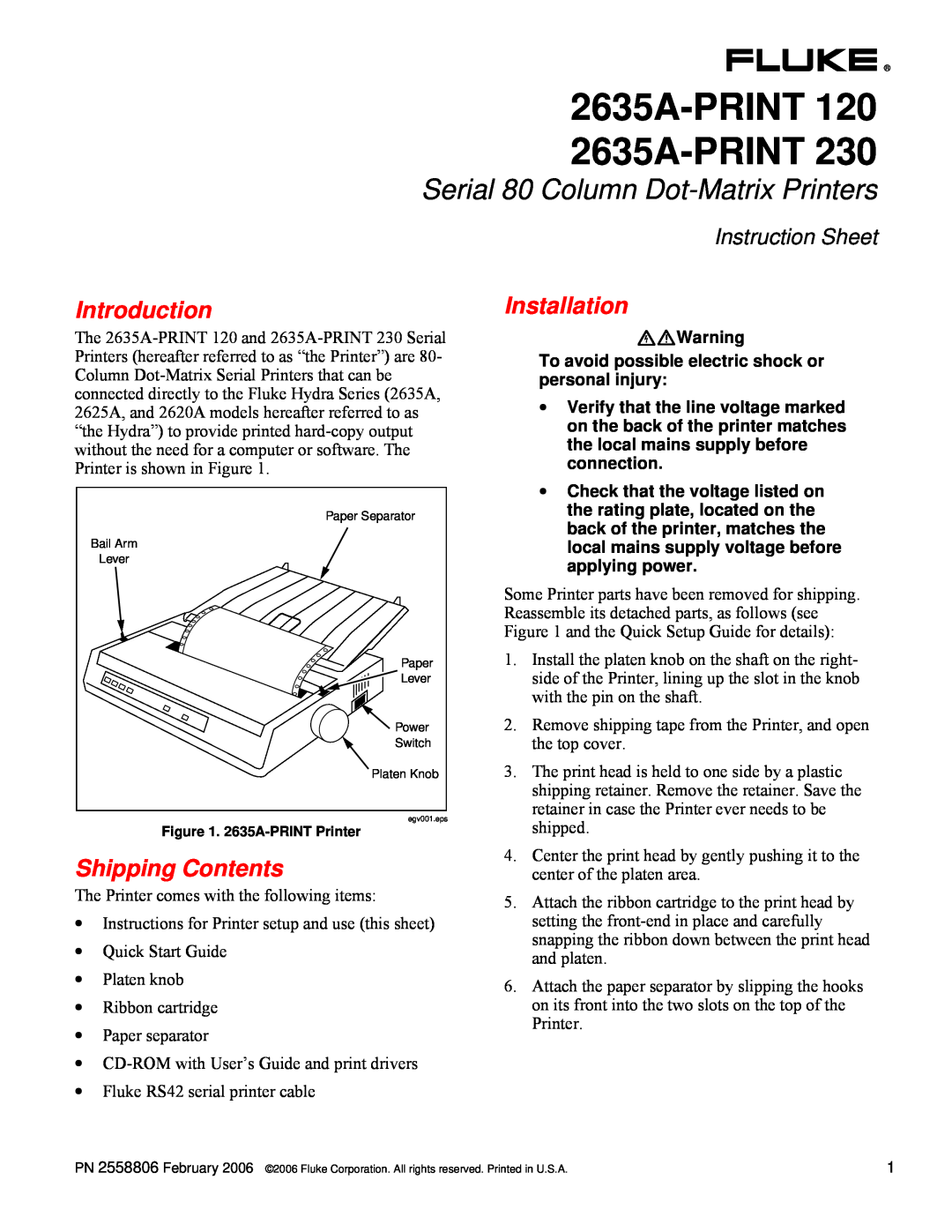 Fluke 2635A-PRINT 120 instruction sheet Introduction, Installation, Shipping Contents, 2635A-PRINT120 2635A-PRINT230 