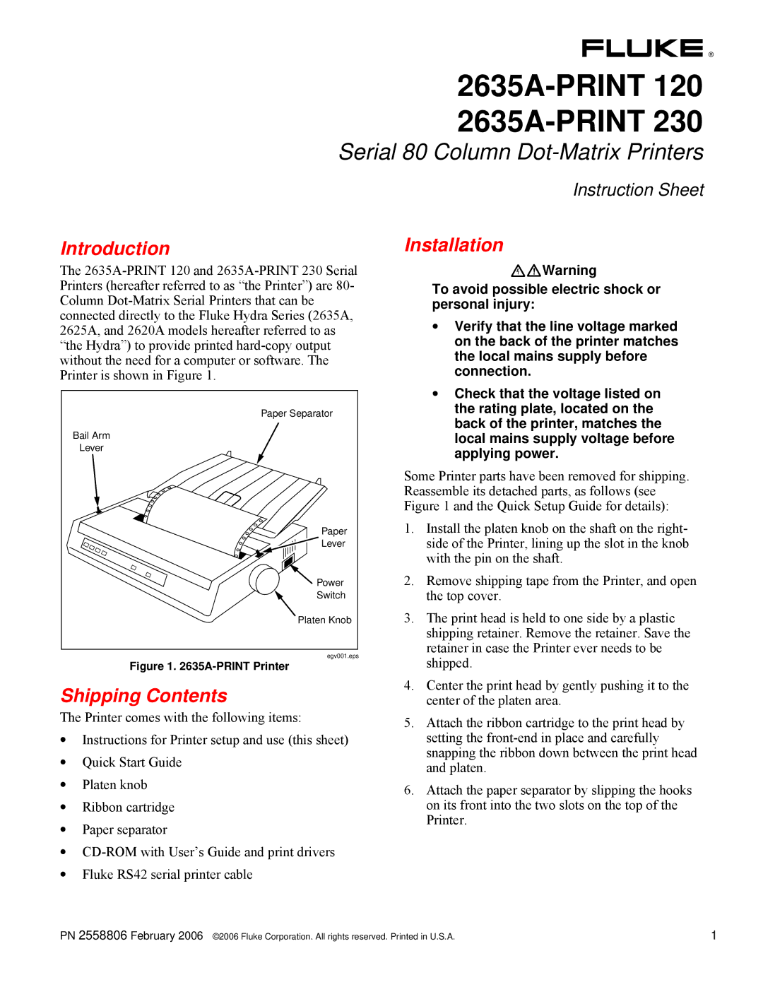 Fluke 2635A-PRINT 120, 2635A-PRINT 230 instruction sheet Introduction, Installation, Shipping Contents 