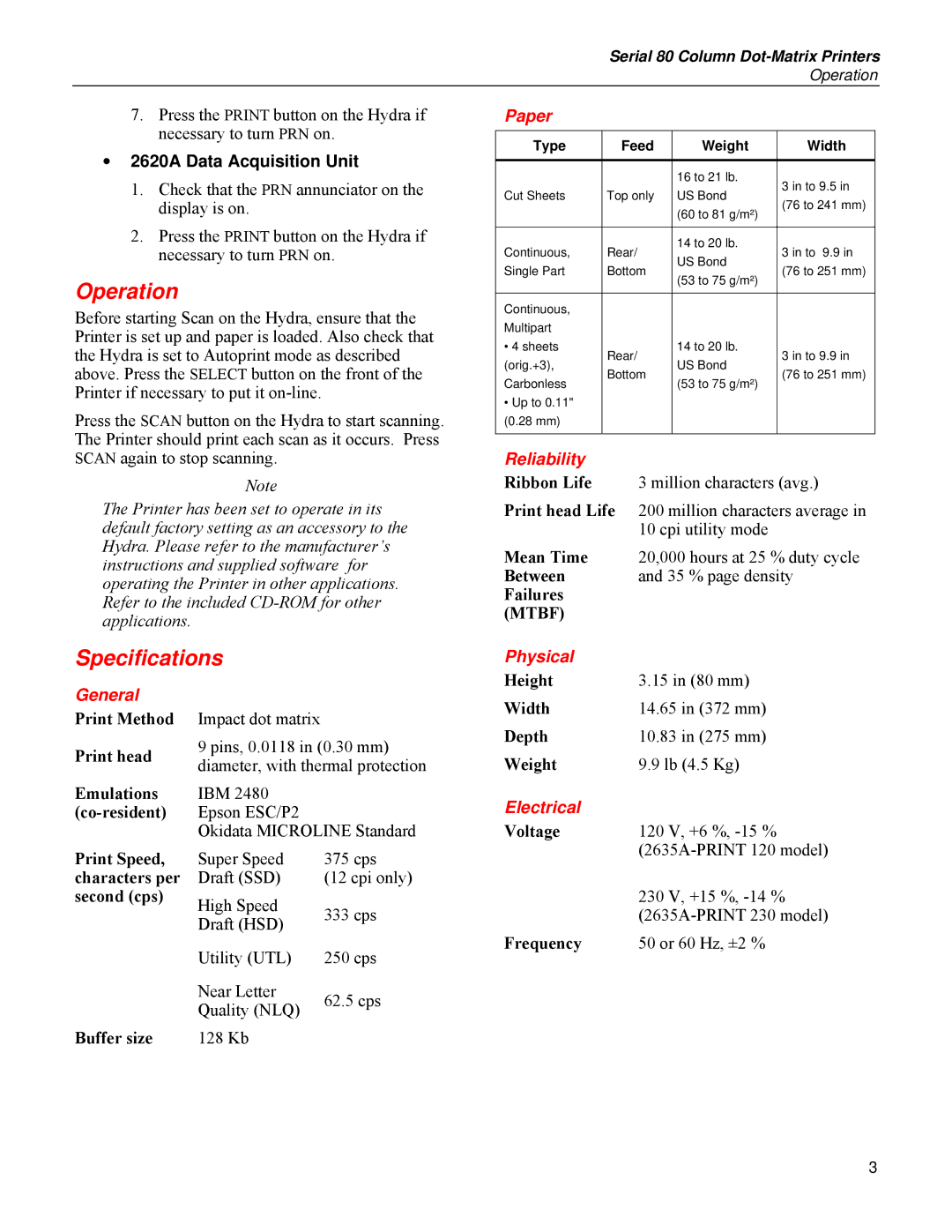 Fluke 2635A-PRINT 120, 2635A-PRINT 230 instruction sheet Paper, Reliability, Physical, General, Electrical 