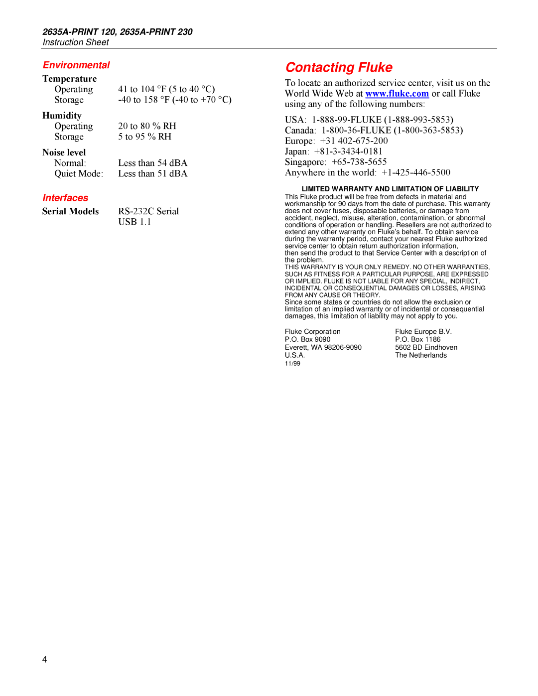 Fluke 2635A-PRINT 230, 2635A-PRINT 120 instruction sheet Contacting Fluke, Environmental, Interfaces 