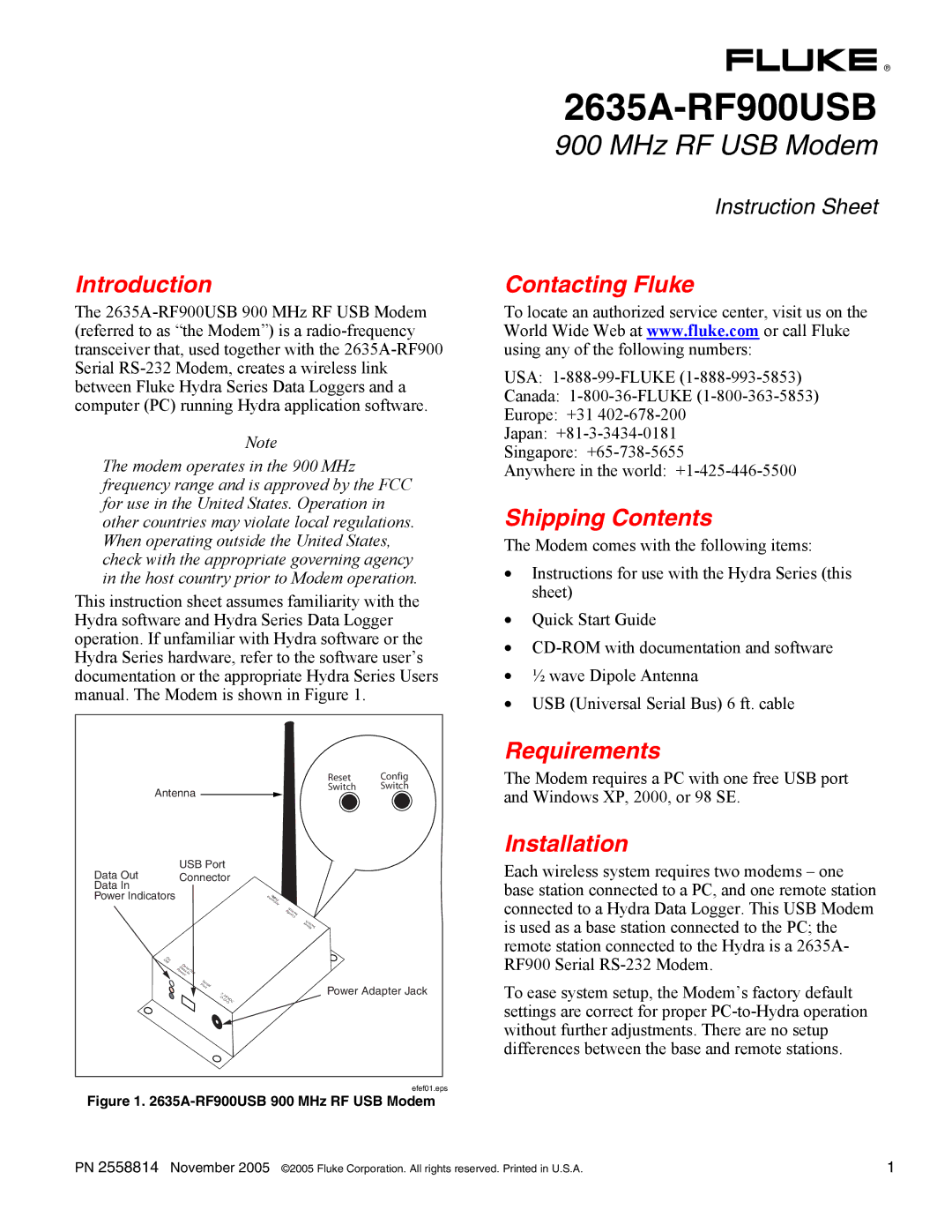 Fluke 2635A-RF900USB instruction sheet Introduction, Contacting Fluke, Shipping Contents, Requirements, Installation 