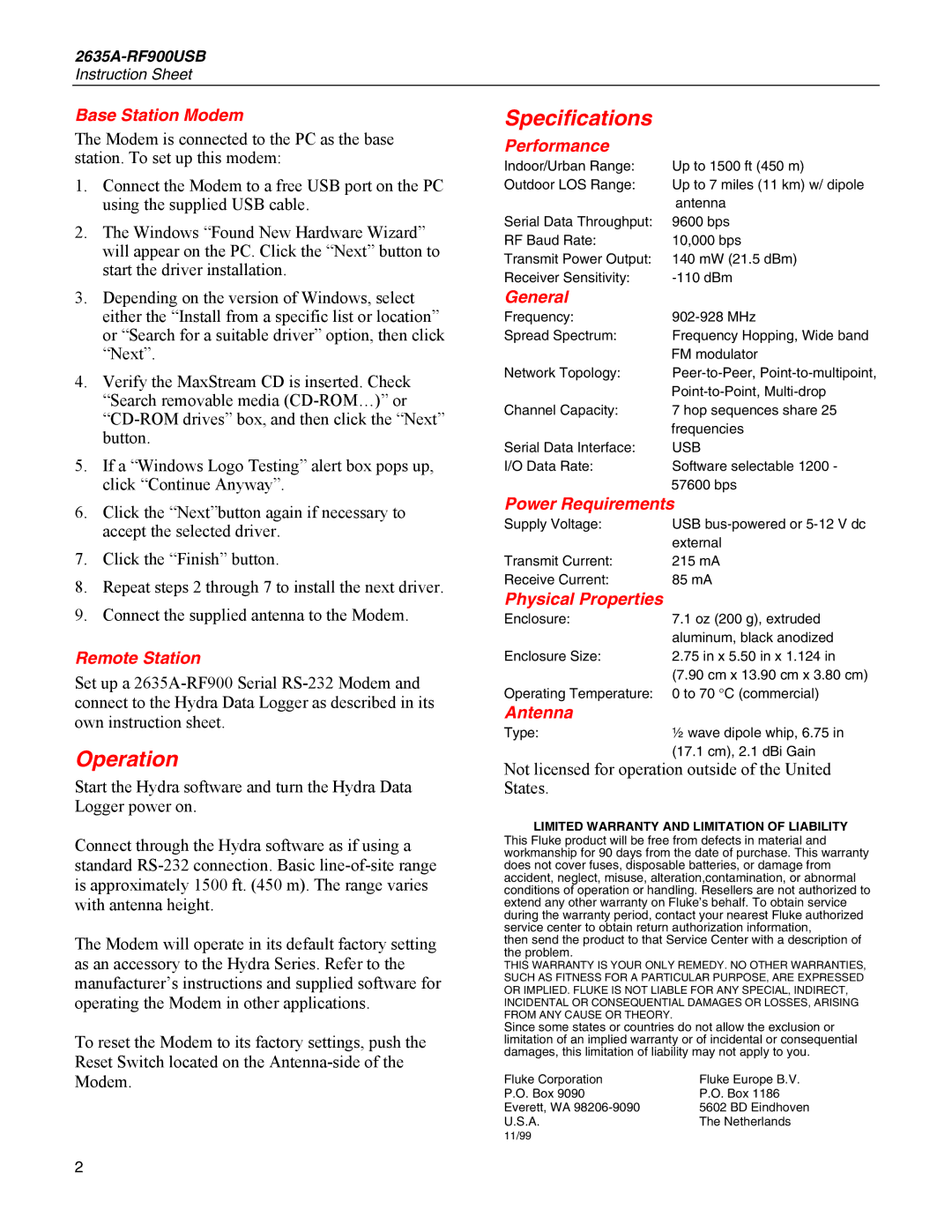 Fluke 2635A-RF900USB instruction sheet Specifications, Operation 