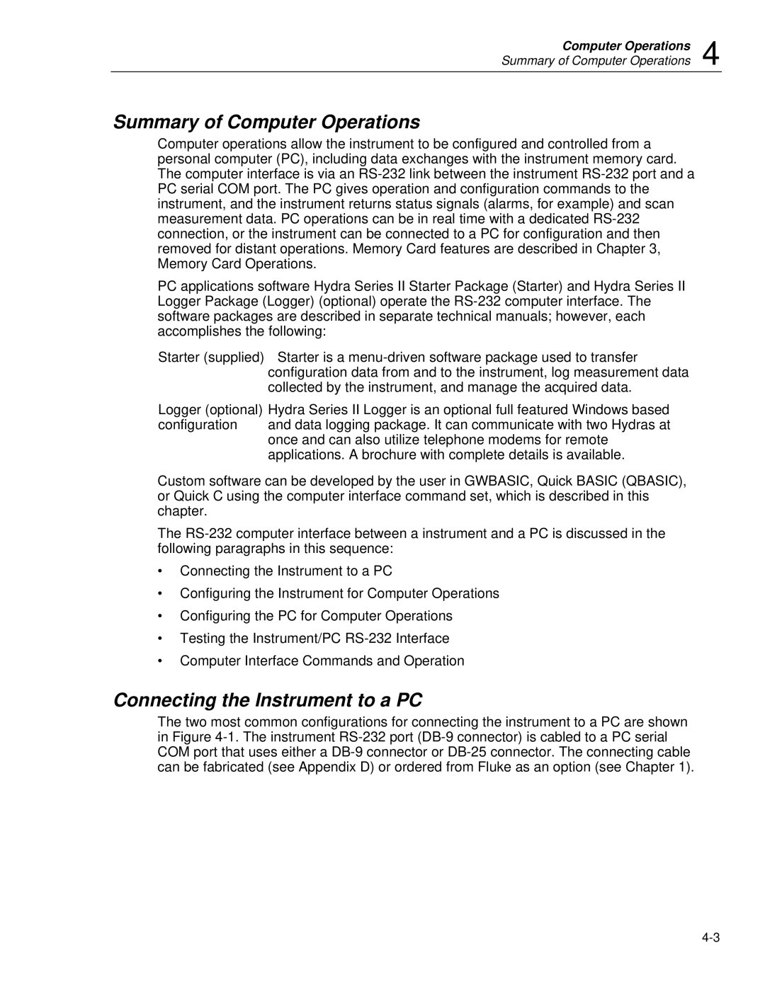 Fluke 2635A user manual Summary of Computer Operations, Connecting the Instrument to a PC 