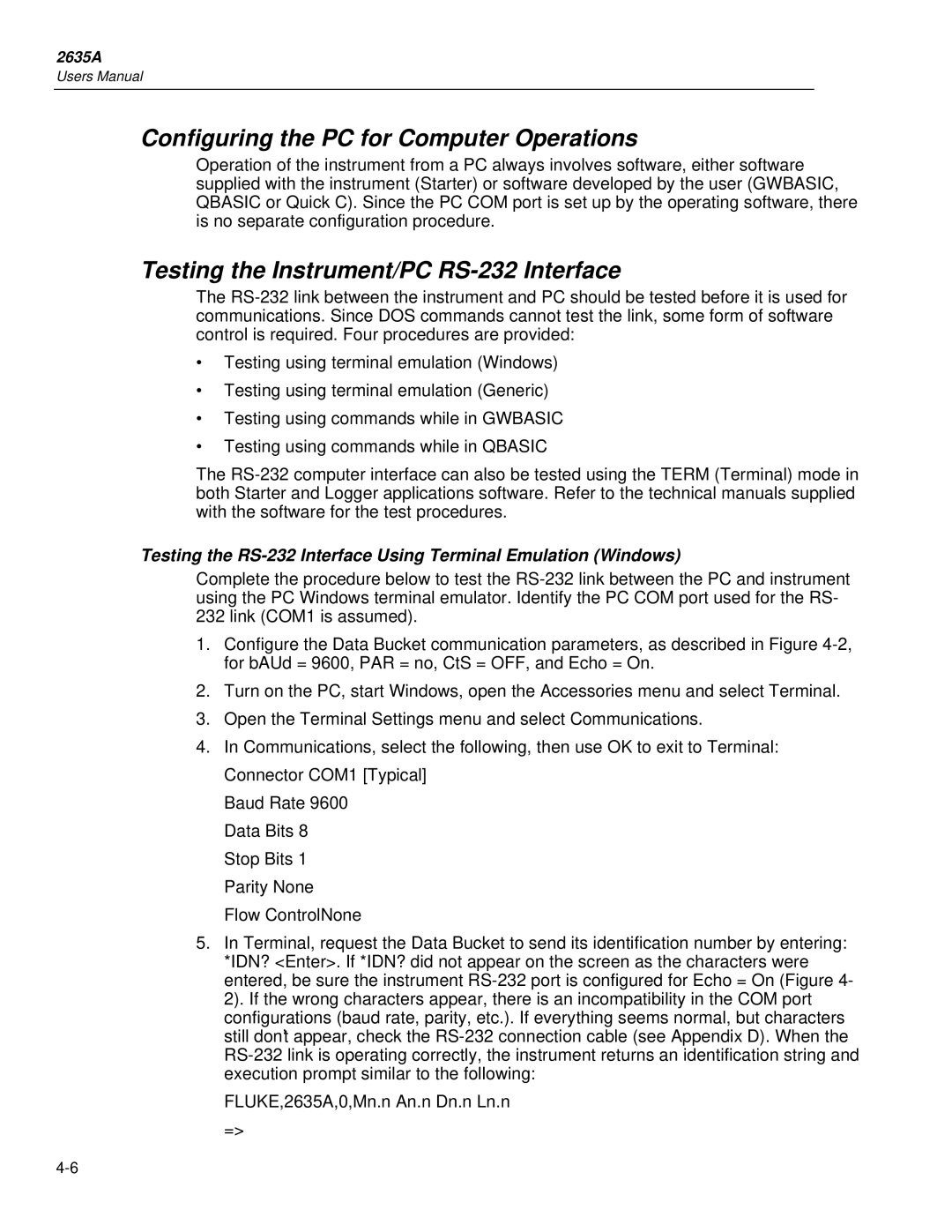 Fluke 2635A user manual Configuring the PC for Computer Operations, Testing the Instrument/PC RS-232 Interface 