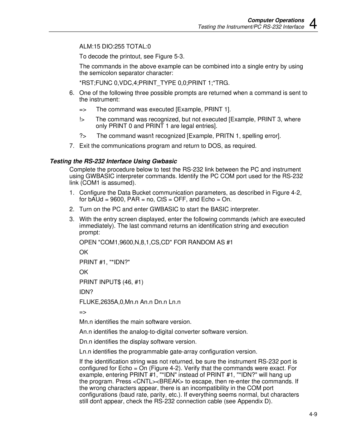 Fluke 2635A user manual Testing the RS-232 Interface Using Gwbasic, Open COM1,9600,N,8,1,CS,CD for Random AS #1 