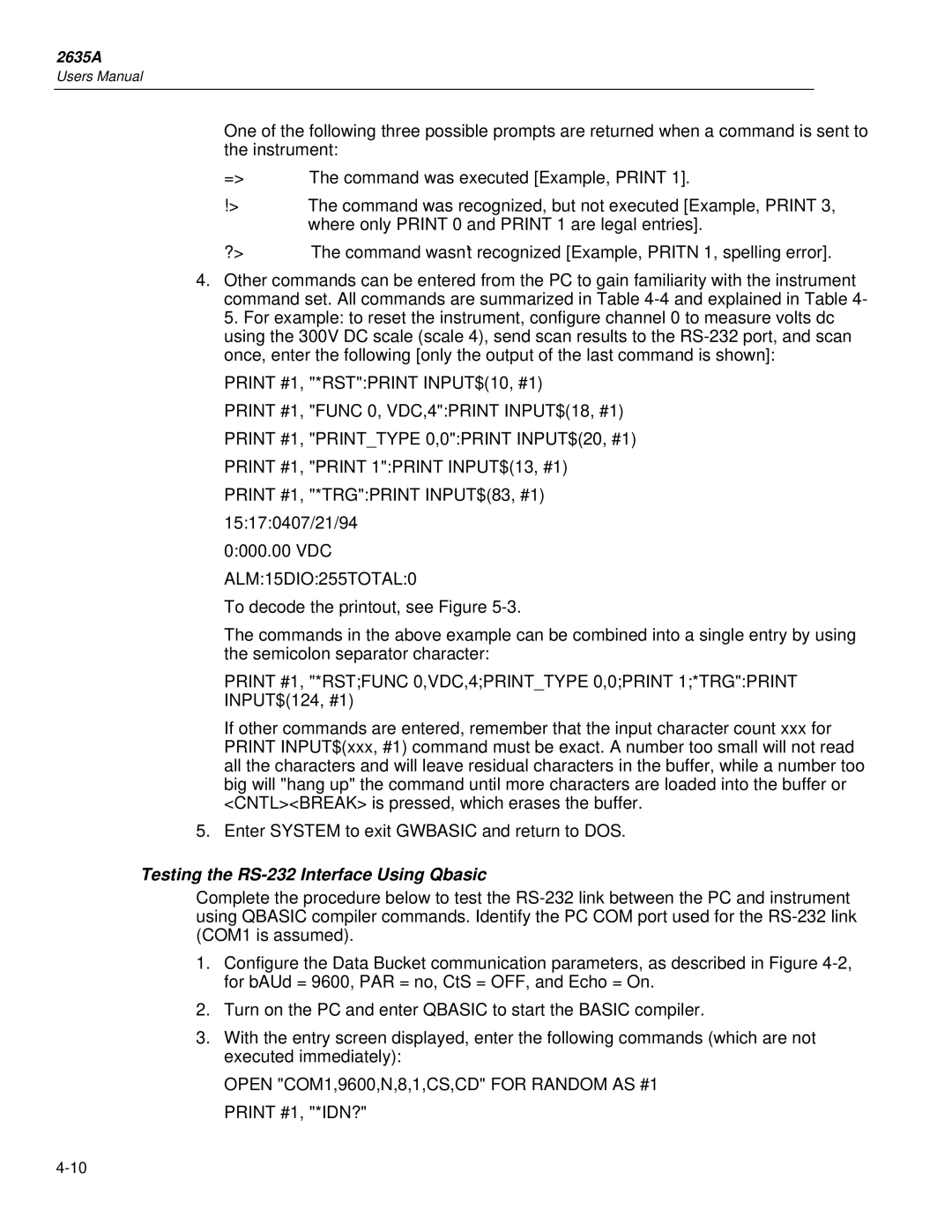 Fluke 2635A user manual Print #1, Printtype 0,0PRINT INPUT$20, #1, Testing the RS-232 Interface Using Qbasic 