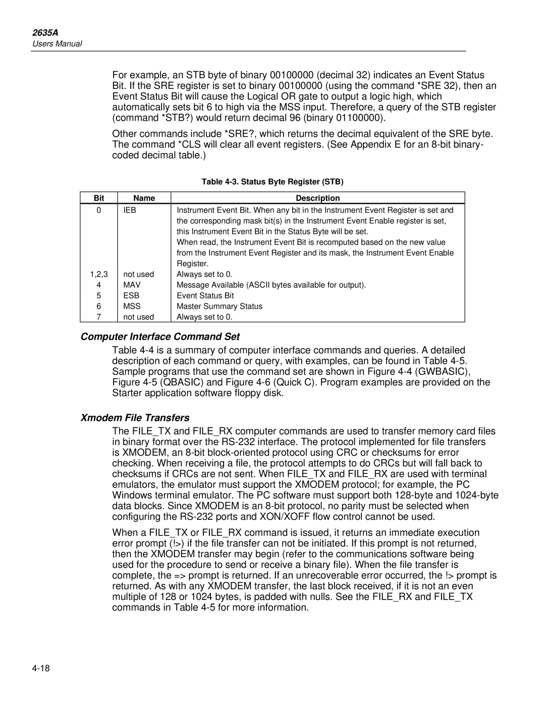 Fluke 2635A Computer Interface Command Set, Xmodem File Transfers, Ieb, Mav Esb, Status Byte Register STB Description 