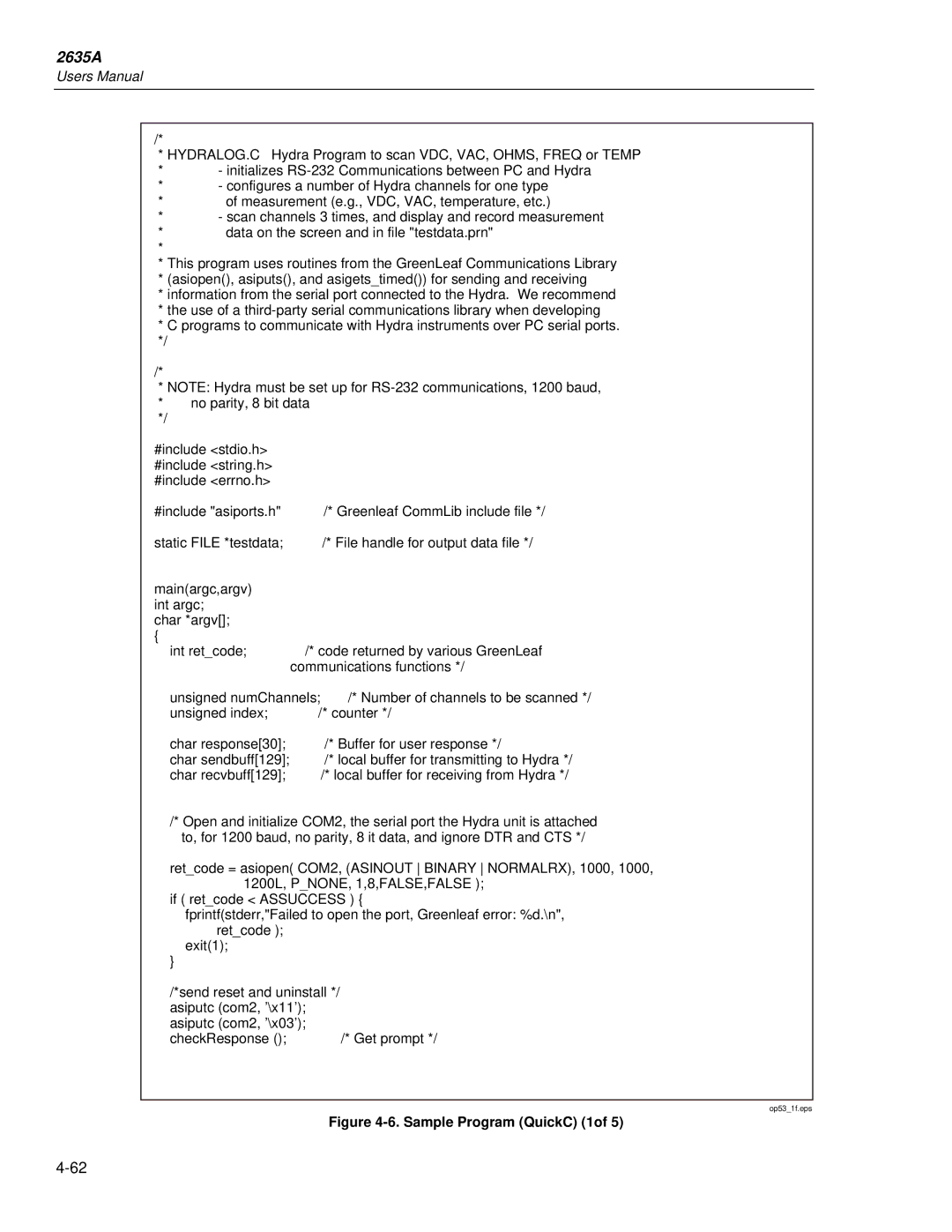 Fluke 2635A user manual Sample Program QuickC 1of 