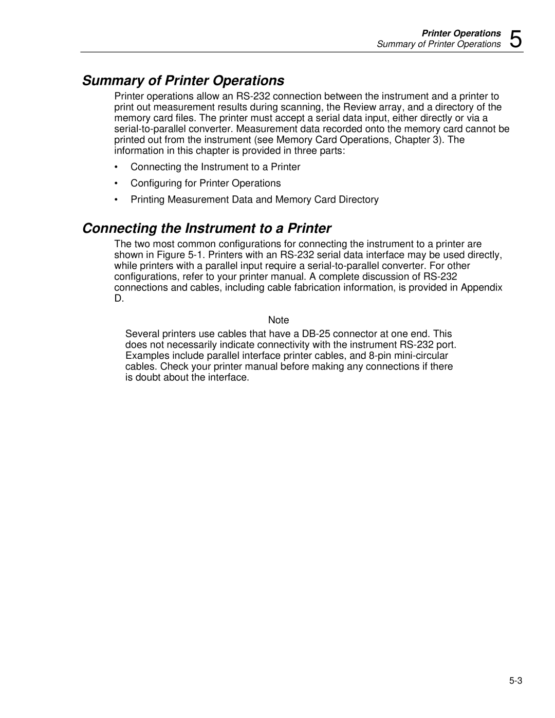 Fluke 2635A user manual Summary of Printer Operations, Connecting the Instrument to a Printer 