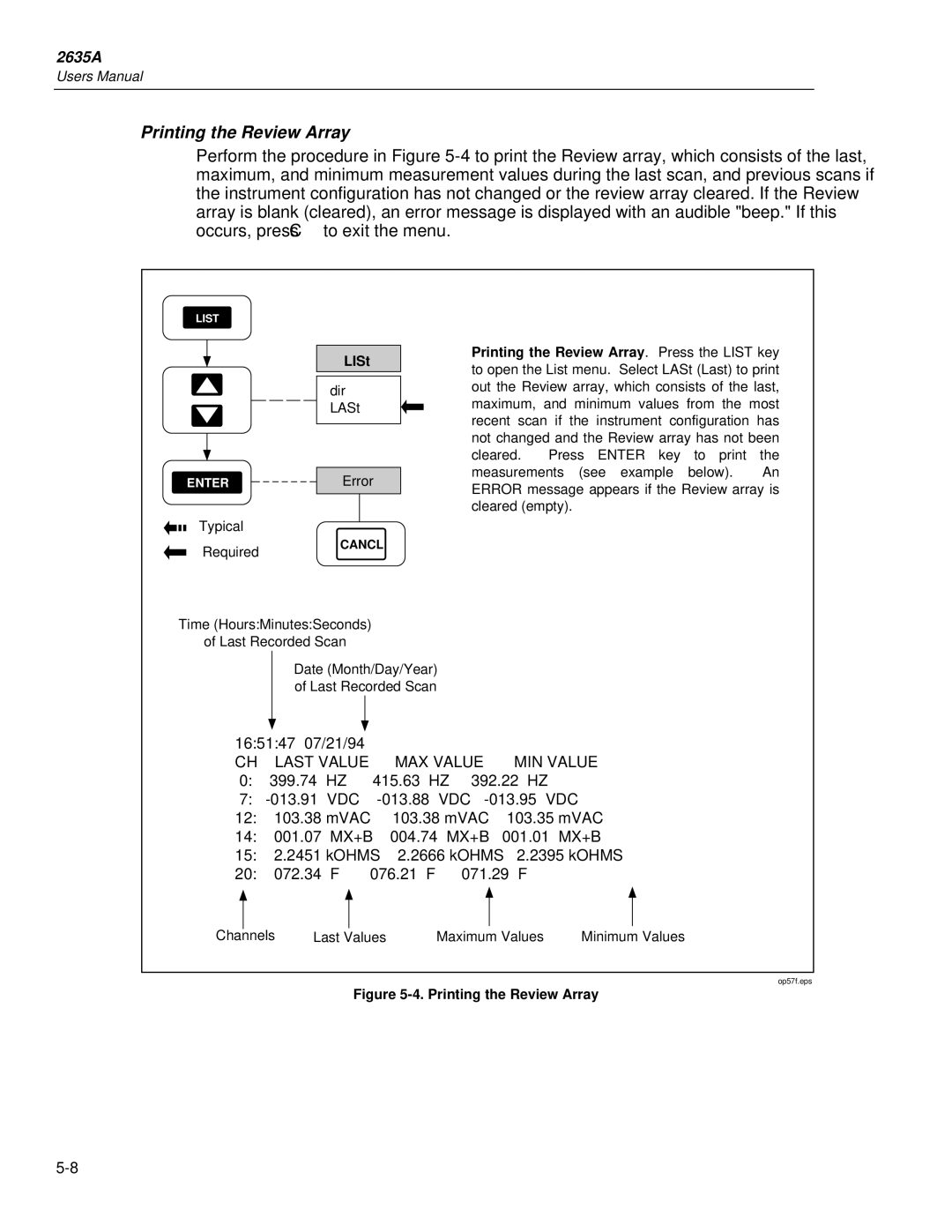 Fluke 2635A user manual Printing the Review Array 