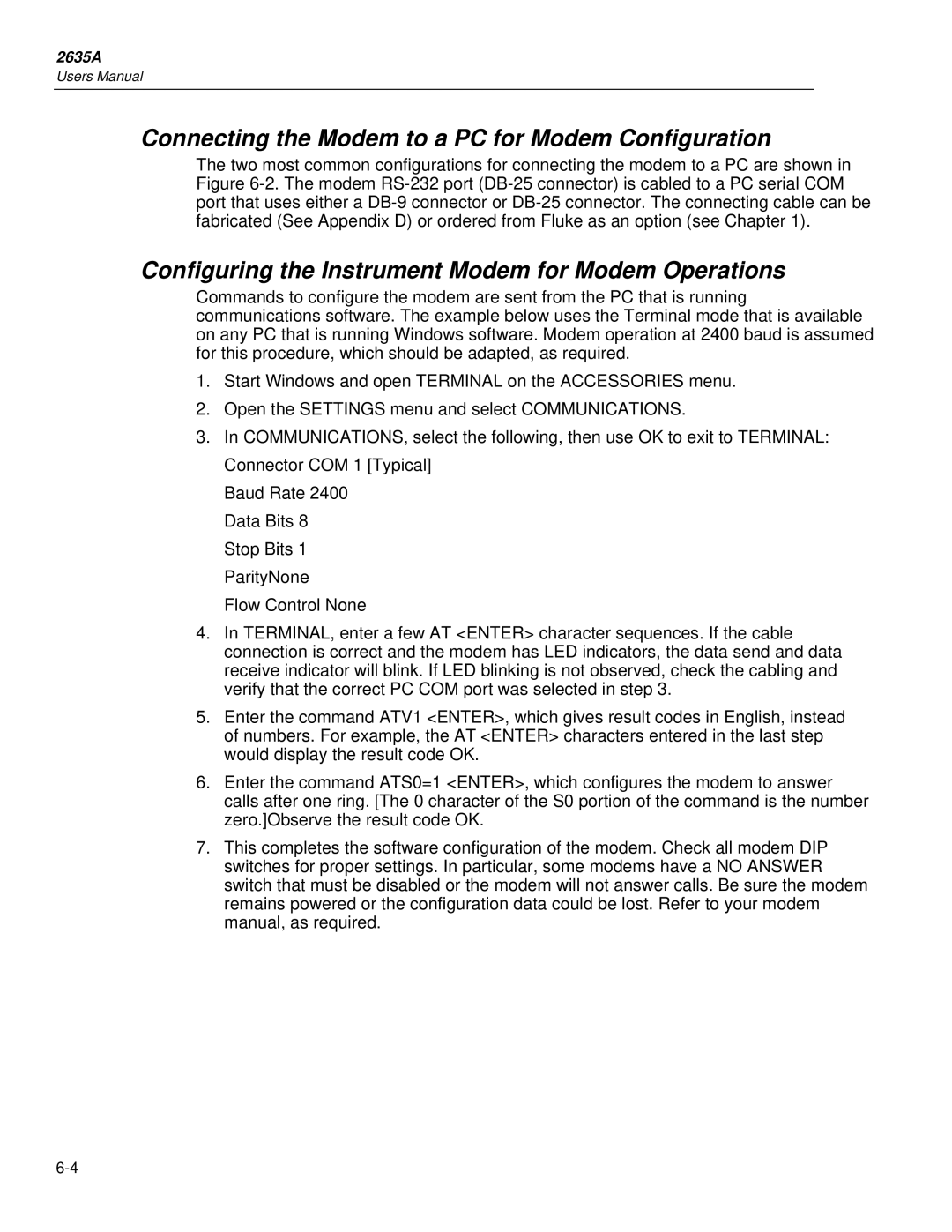 Fluke 2635A Connecting the Modem to a PC for Modem Configuration, Configuring the Instrument Modem for Modem Operations 