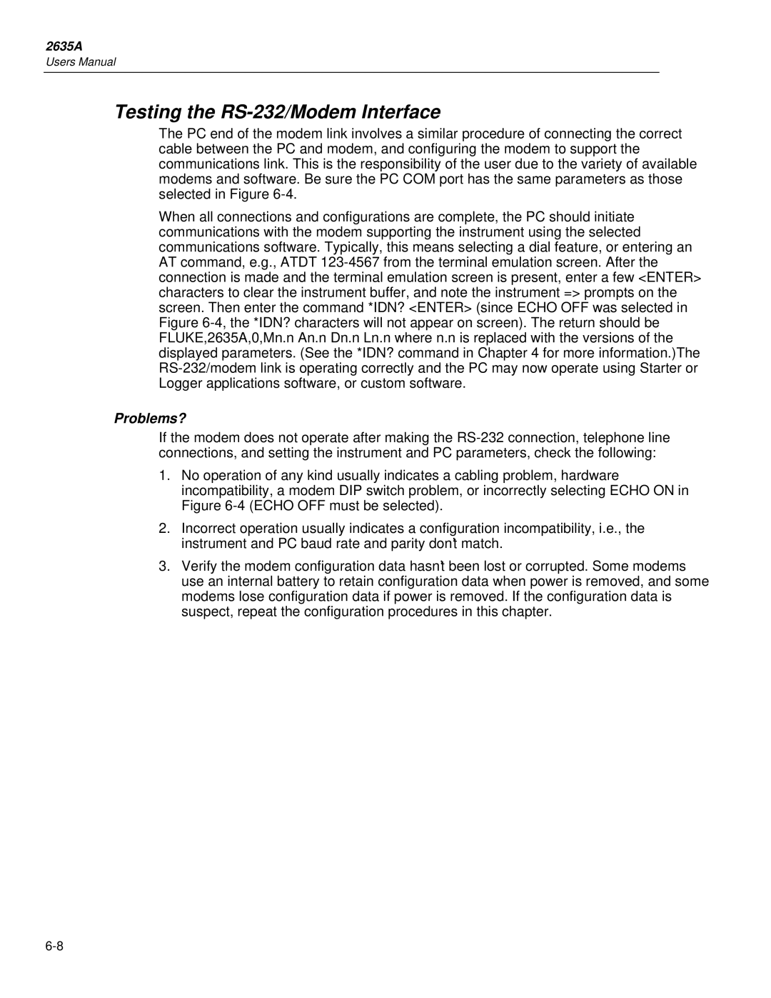 Fluke 2635A user manual Testing the RS-232/Modem Interface, Problems? 