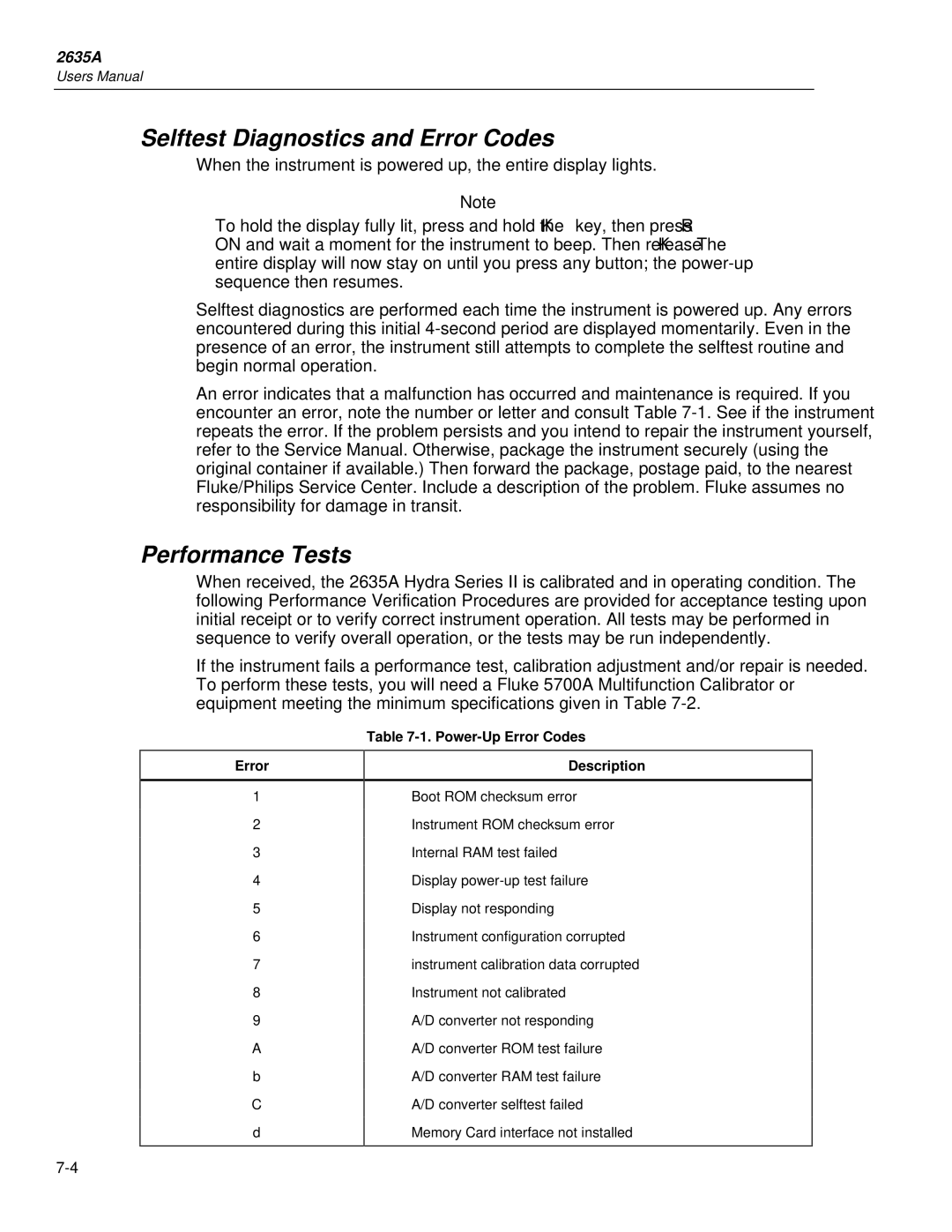 Fluke 2635A user manual Selftest Diagnostics and Error Codes, Performance Tests, Error Power-Up Error Codes Description 