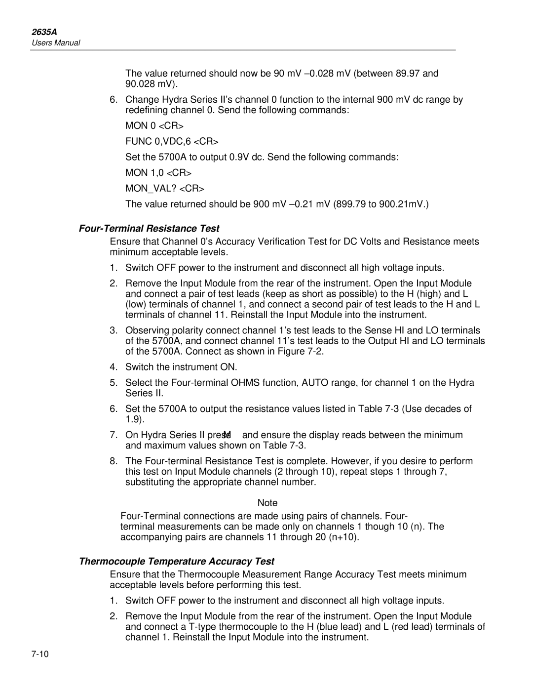 Fluke 2635A user manual Four-Terminal Resistance Test, Thermocouple Temperature Accuracy Test 