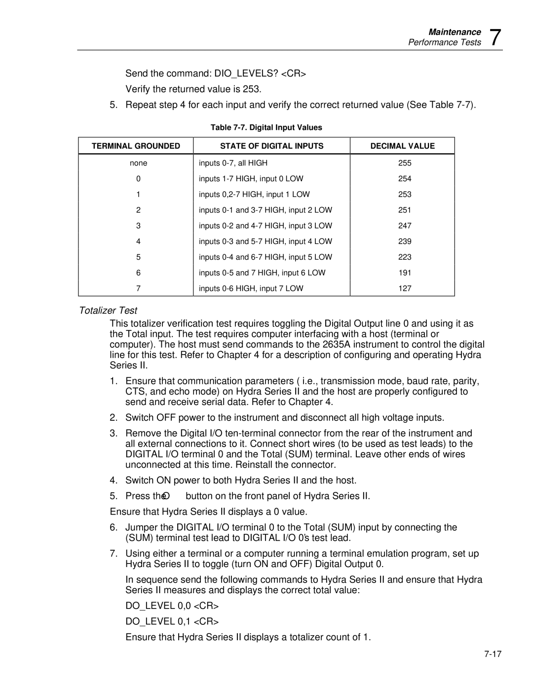 Fluke 2635A user manual Totalizer Test, Terminal Grounded, Digital Input Values, State of Digital Inputs, Decimal Value 