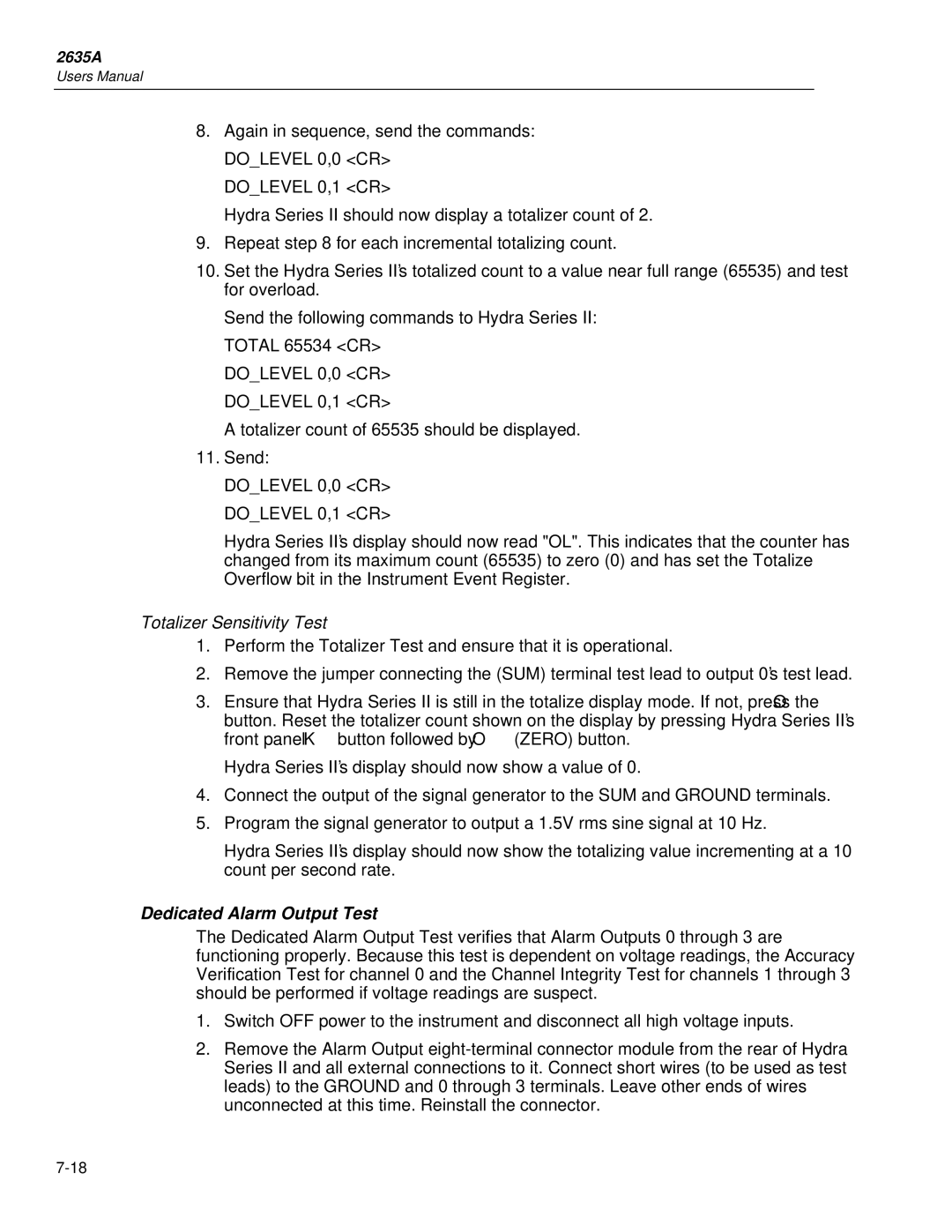 Fluke 2635A user manual Totalizer Sensitivity Test, Dedicated Alarm Output Test 