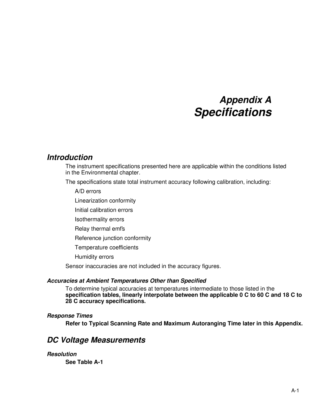 Fluke 2635A Specifications, DC Voltage Measurements, Accuracies at Ambient Temperatures Other than Specified, Resolution 