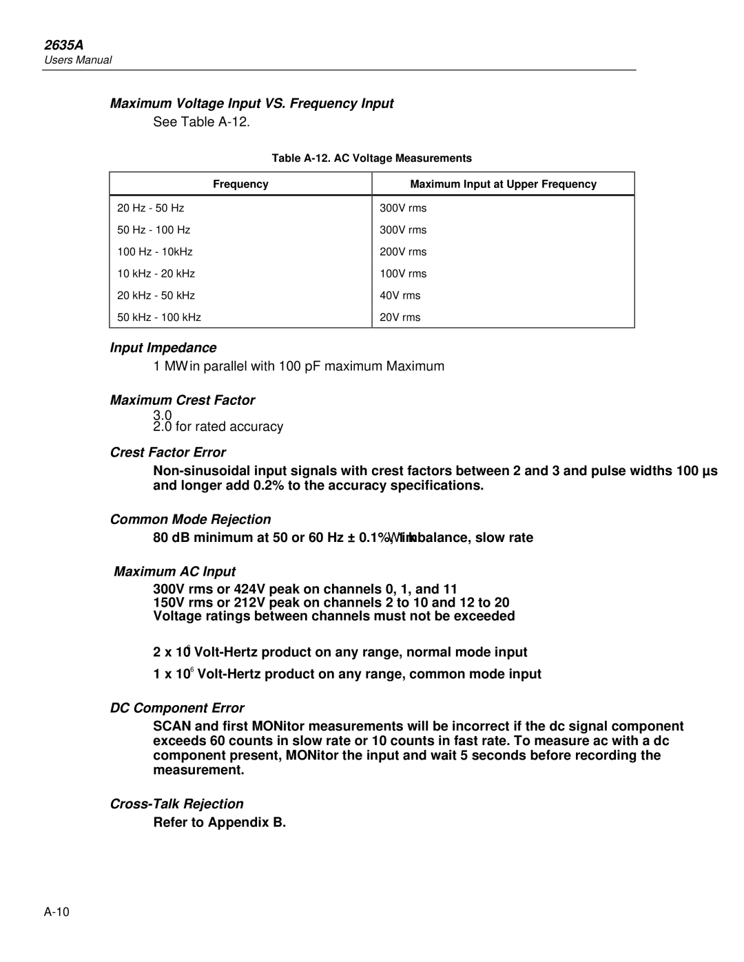 Fluke 2635A Maximum Voltage Input VS. Frequency Input, Maximum Crest Factor, Crest Factor Error, Maximum AC Input 