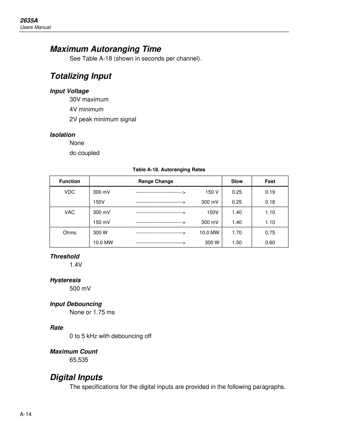 Fluke 2635A user manual Maximum Autoranging Time, Totalizing Input, Digital Inputs 