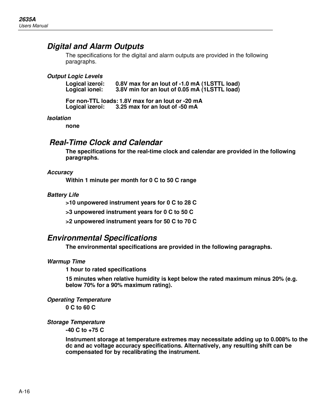 Fluke 2635A user manual Digital and Alarm Outputs, Real-Time Clock and Calendar, Environmental Specifications 