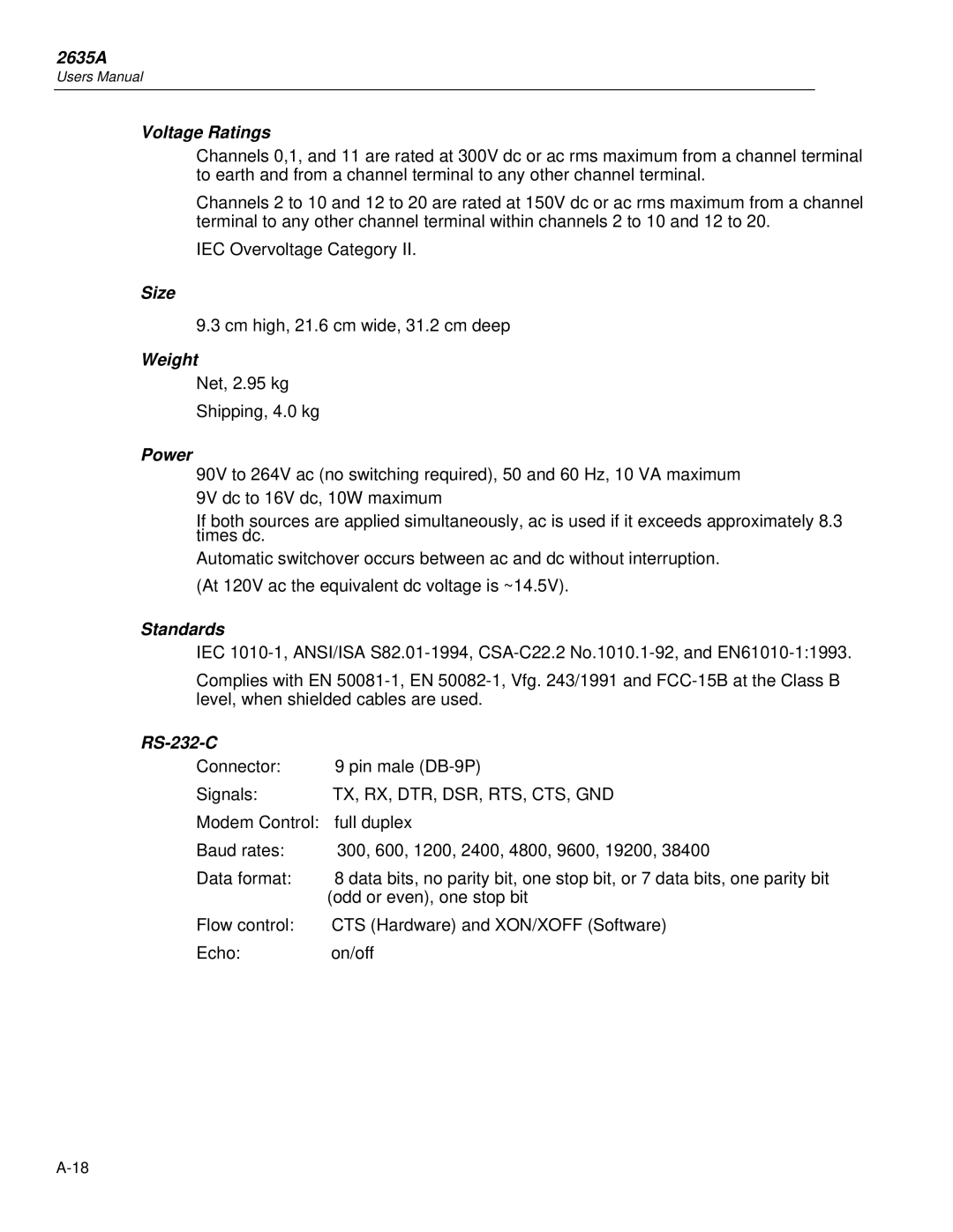 Fluke user manual 2635A Voltage Ratings, Size, Weight, Power, Standards, RS-232-C 