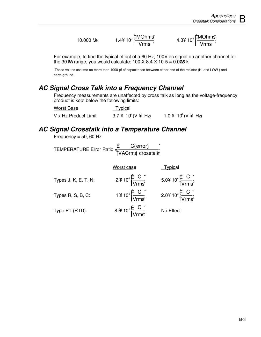 Fluke 2635A user manual AC Signal Cross Talk into a Frequency Channel, AC Signal Crosstalk into a Temperature Channel 