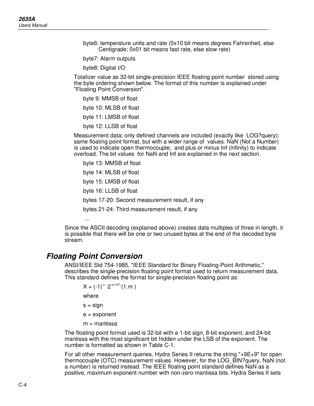 Fluke 2635A user manual Floating Point Conversion 