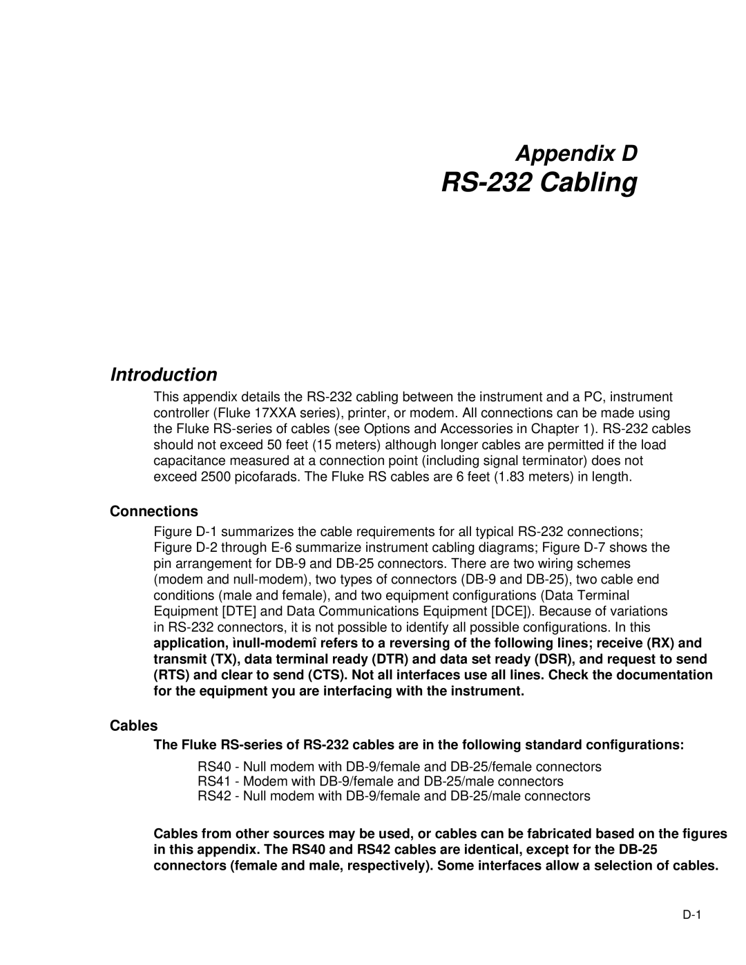 Fluke 2635A user manual RS-232 Cabling, Cables 