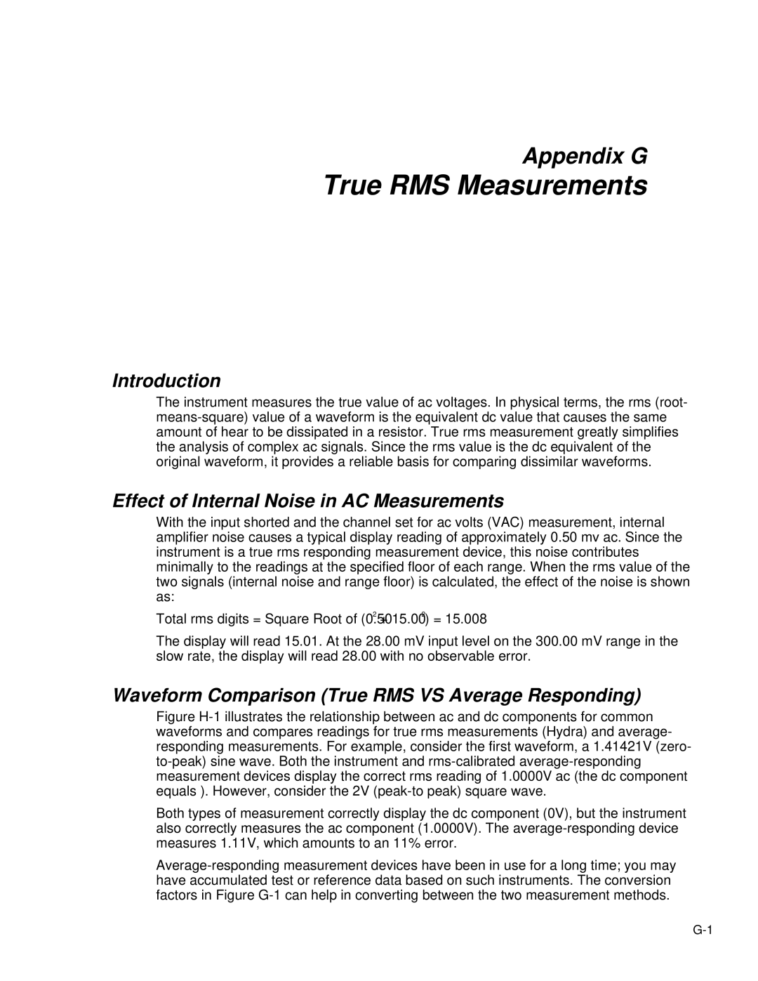 Fluke 2635A user manual True RMS Measurements, Effect of Internal Noise in AC Measurements 