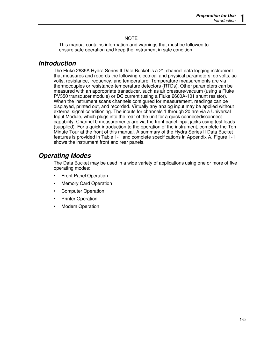 Fluke 2635A user manual Introduction, Operating Modes 