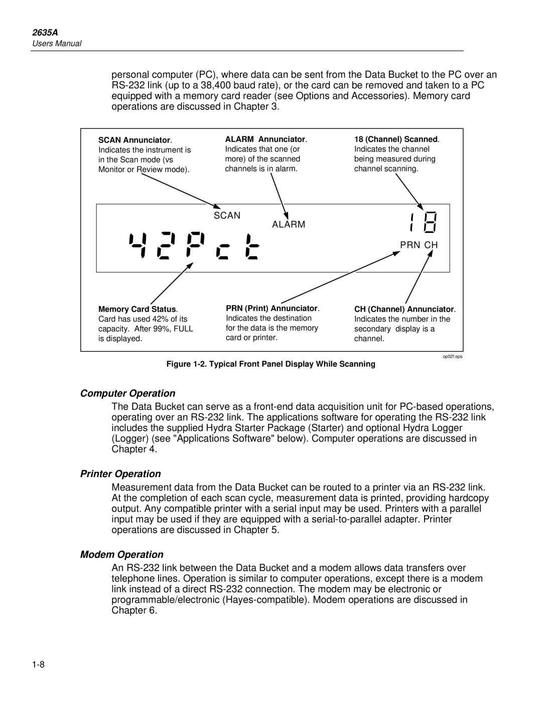 Fluke 2635A user manual Computer Operation, Printer Operation, Modem Operation 