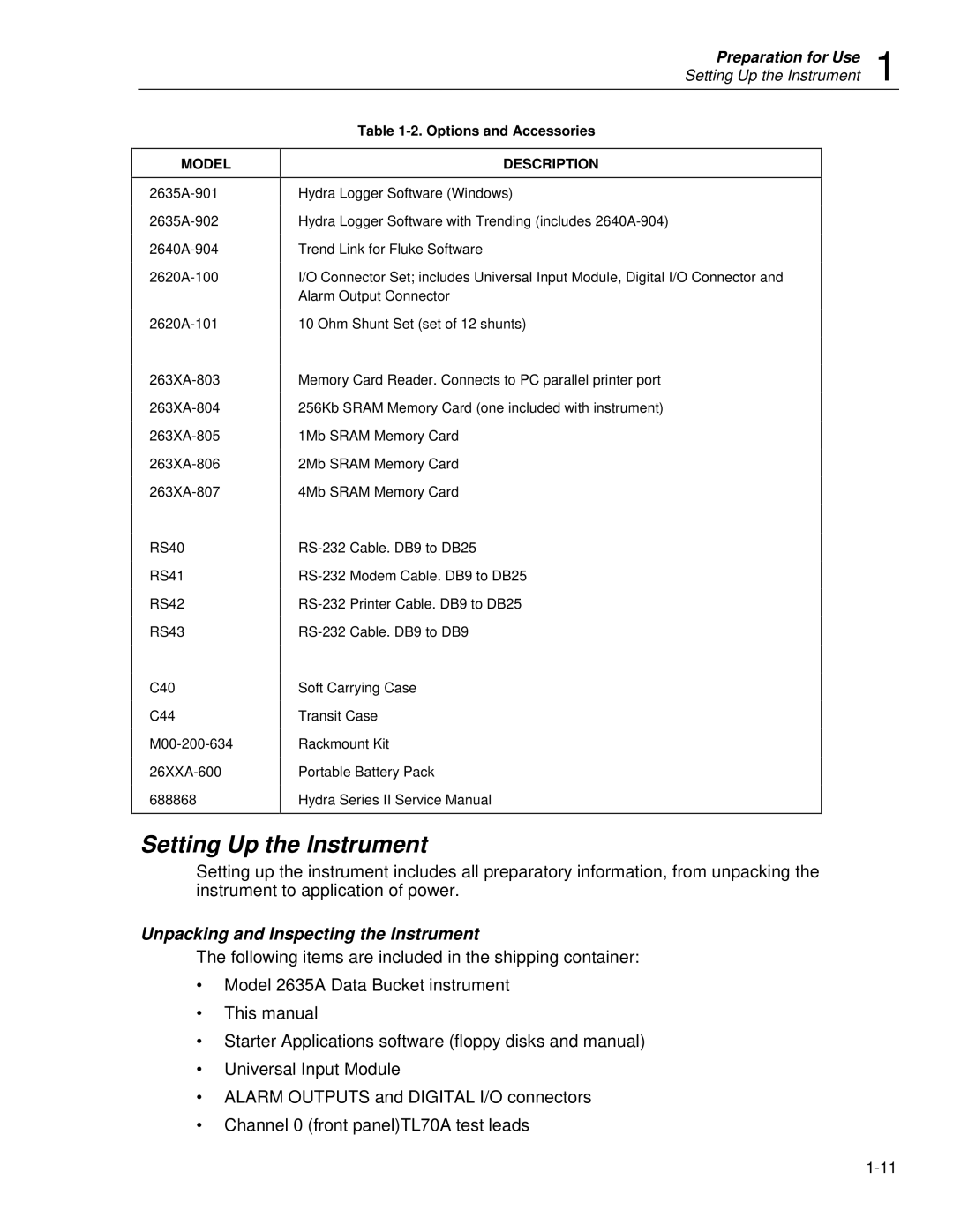 Fluke 2635A user manual Setting Up the Instrument, Unpacking and Inspecting the Instrument, Model, Options and Accessories 