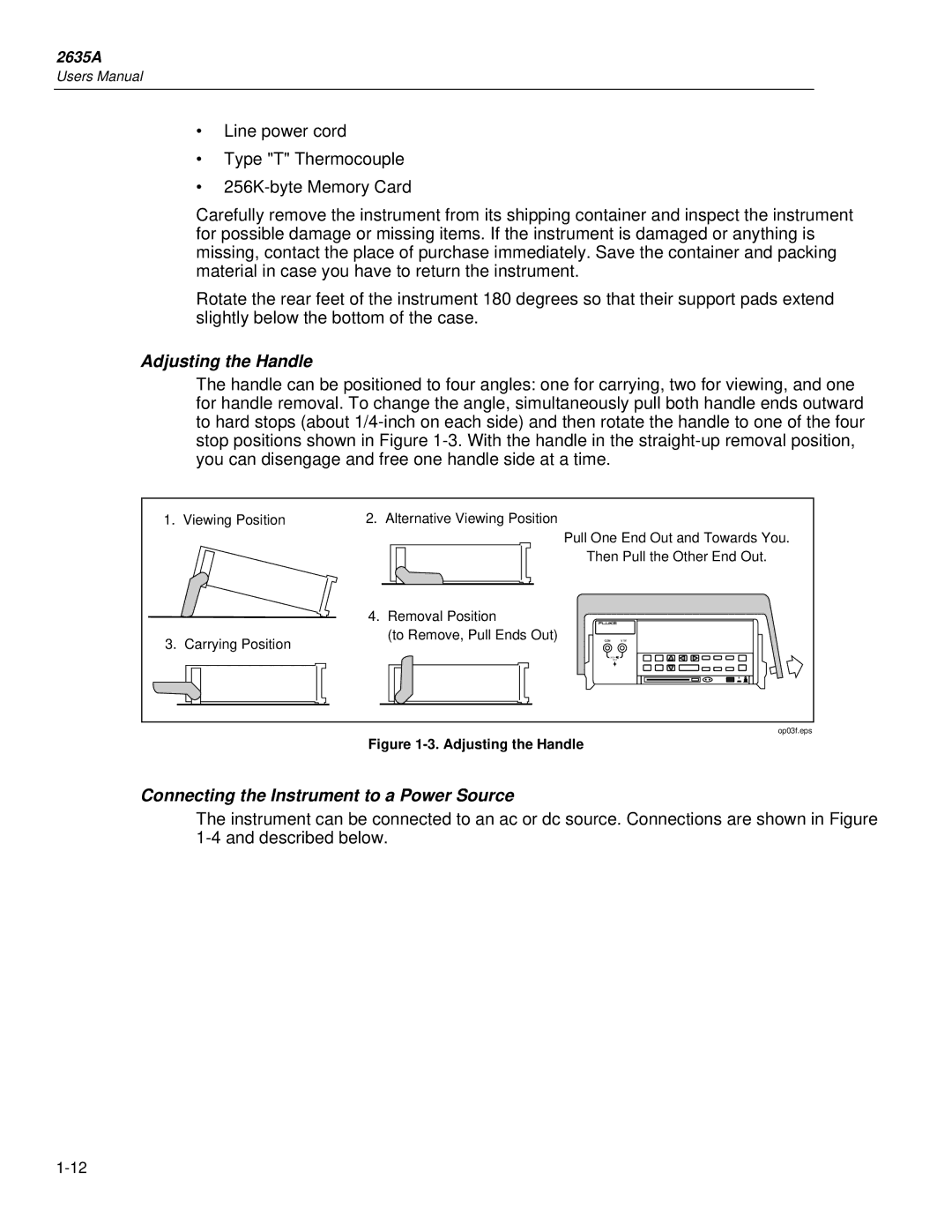 Fluke 2635A user manual Adjusting the Handle, Connecting the Instrument to a Power Source 